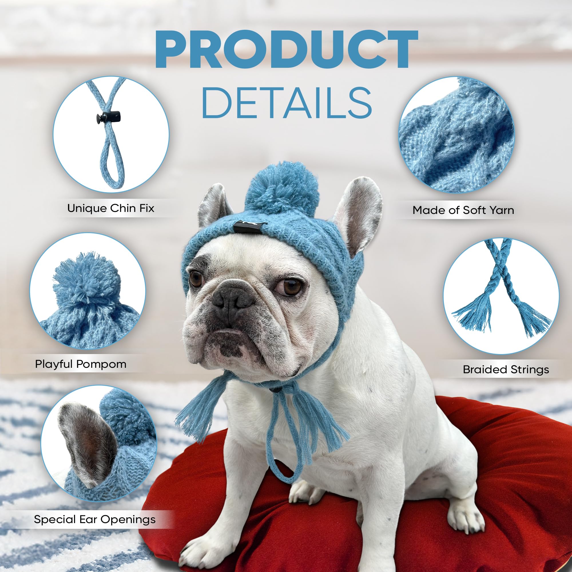 Classic Dog Knit Hat With Ear Holes & Adjustable Chin Strap - Soft Fabric Dog Beanie - Aquablue, Small