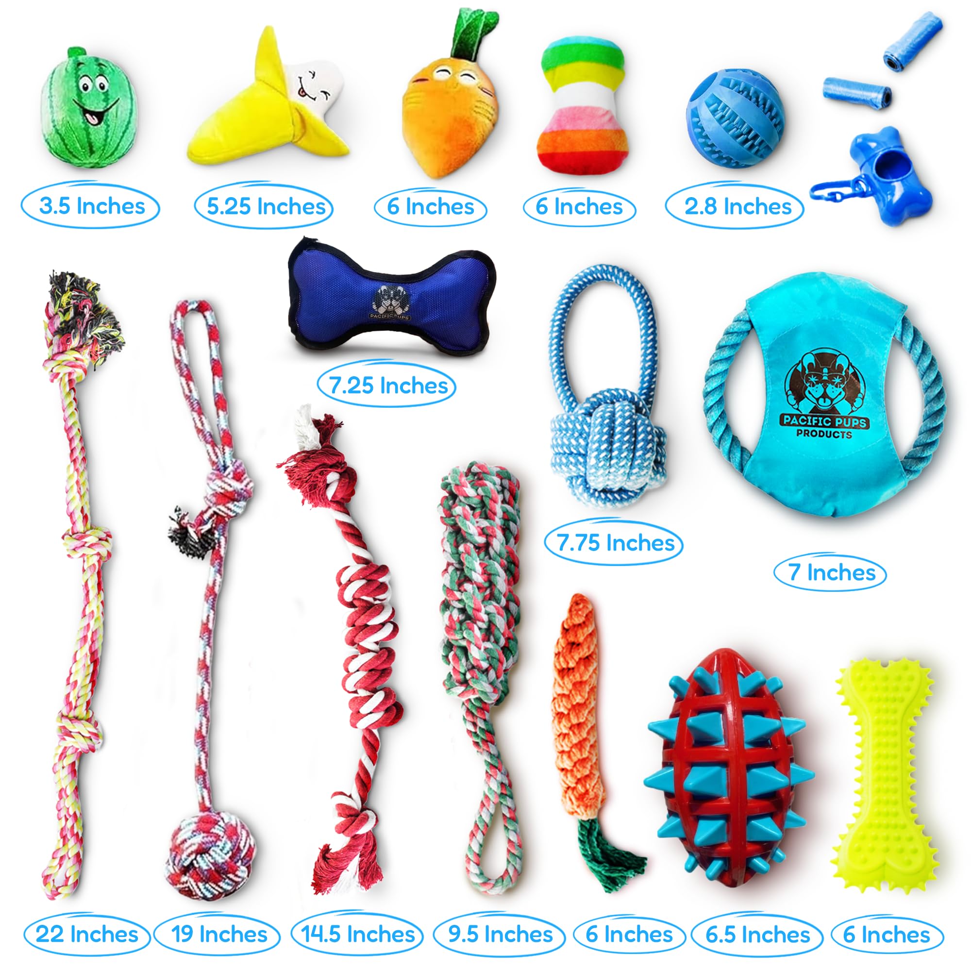 Pacific Pups Products 18 Piece Dog Toy Pack - Dog Chew Toys, Puppy Toys & Outdoor Dog Toys - Dog Toys To Keep Them Busy - Supports Non-Profit Dog Rescue - 18 Toys For Dogs