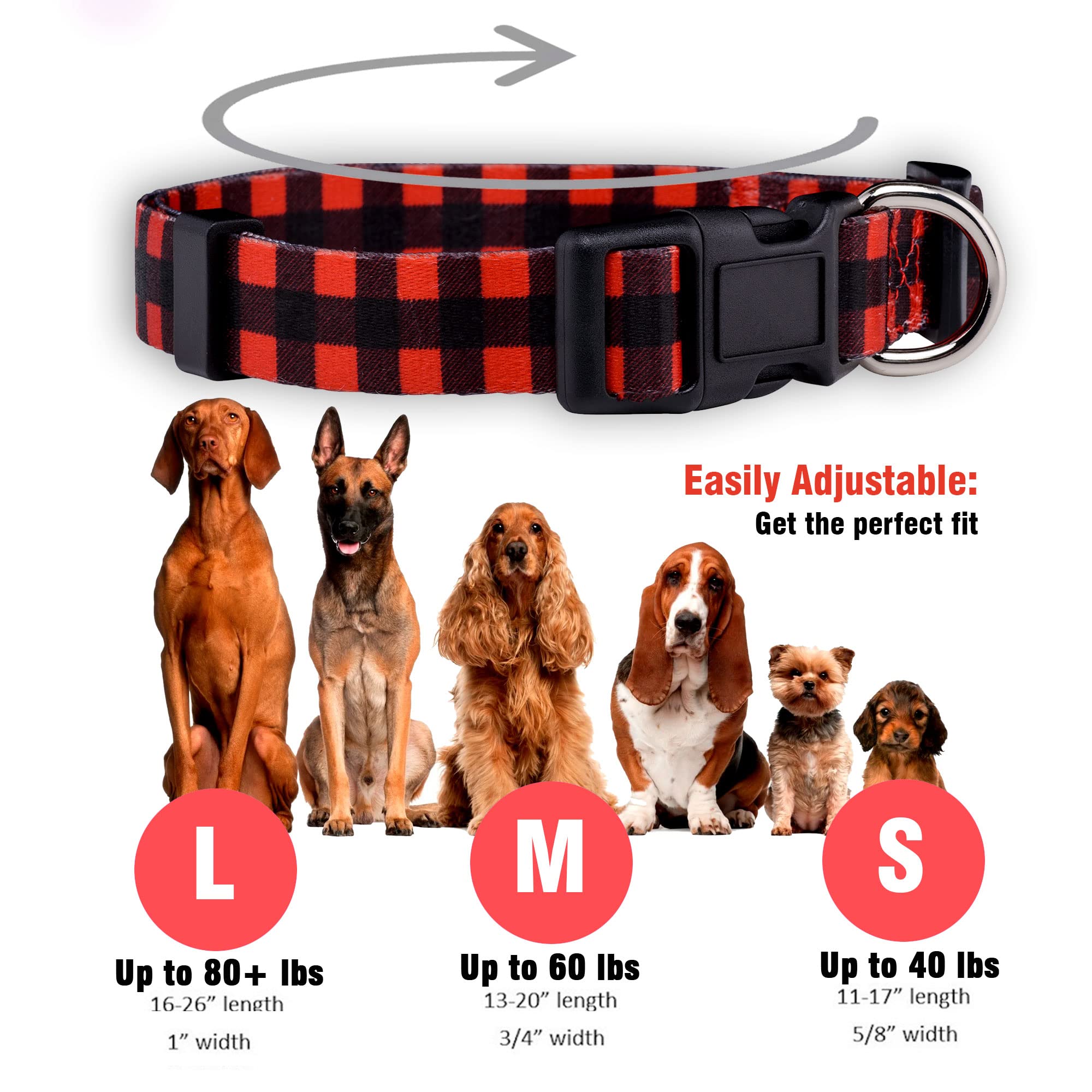 Native Pup Plaid Dog Collar, Red Lumberjack, Tartan, Blue, Pink Adjustable for Large, Small Dogs (Red, Small)