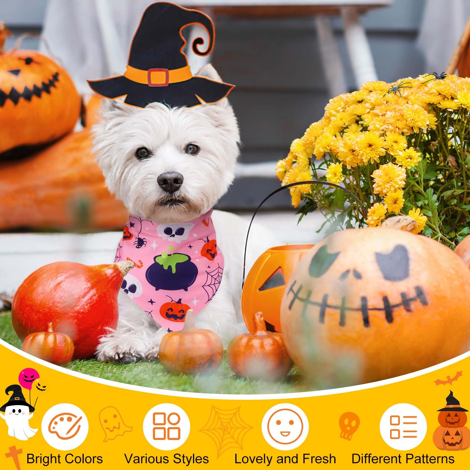 Bulyoou 120 Pcs Halloween Dog Bandanas Bulk Pumpkin Ghosts Skeleton Pet Bandanas Dog Handkerchiefs Halloween Scarf Bibs Triangle