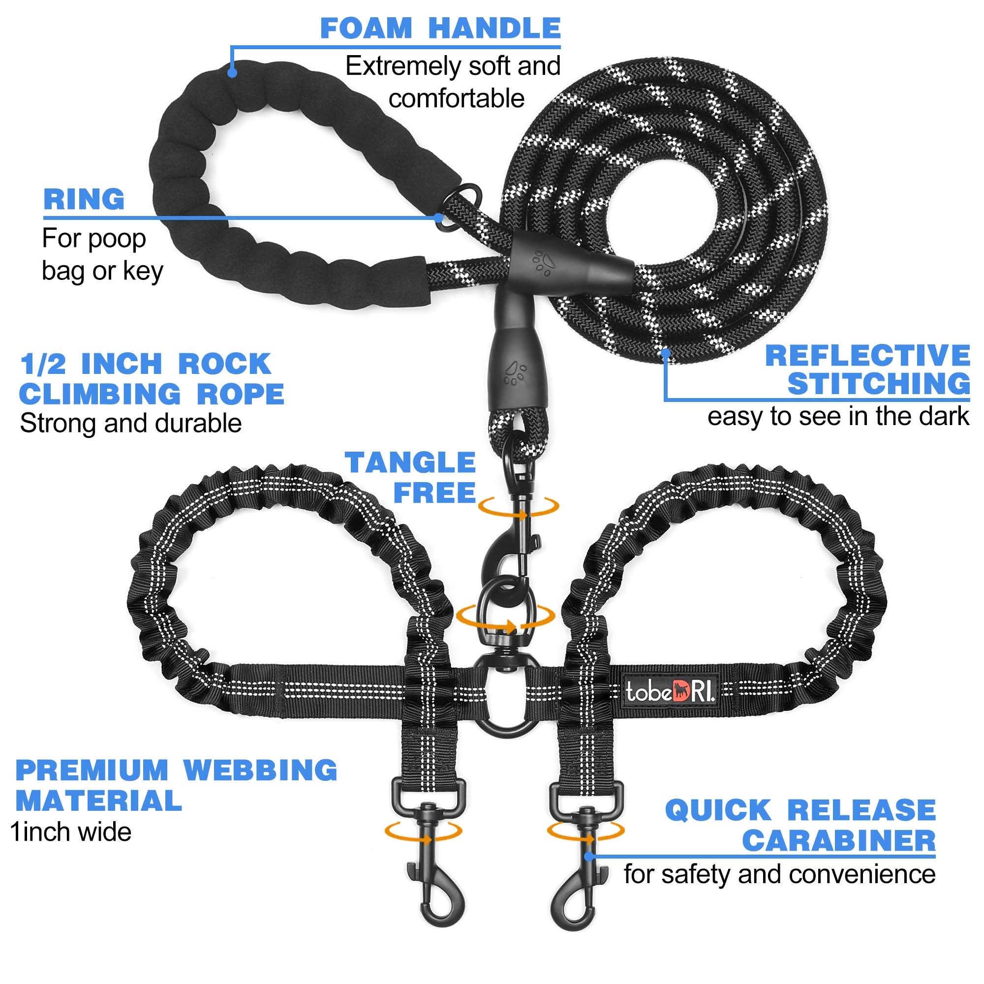 Tobedri Comfortable Dual Dog Leash Tangle Free With Shock Absorbing Bungee Reflective 2 Dog Leashes For Large Medium Small Dogs