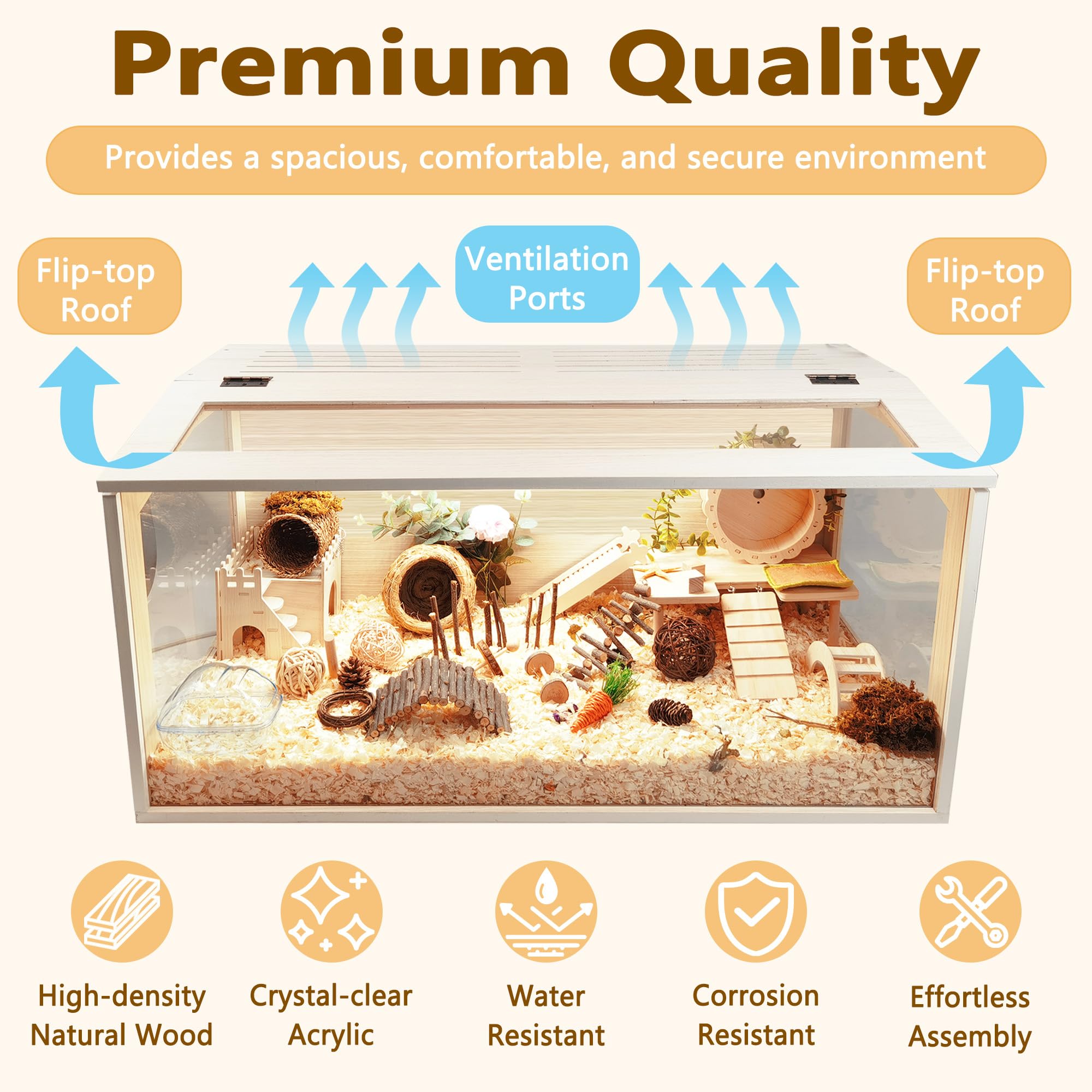 Prolee Hamster Cage Chewproof Wood, Mice And Rat Habitat Openable Top With Acrylic Sheets Solid Built, Small Animal Cage, 40 Inc