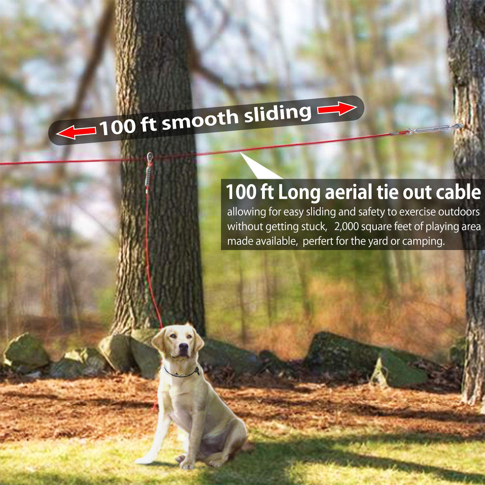 Pestairs Heavy Duty Dog Tie Out Trolley System - 100ft Cable for Dogs up to 125 lbs, Red, Model PR-01