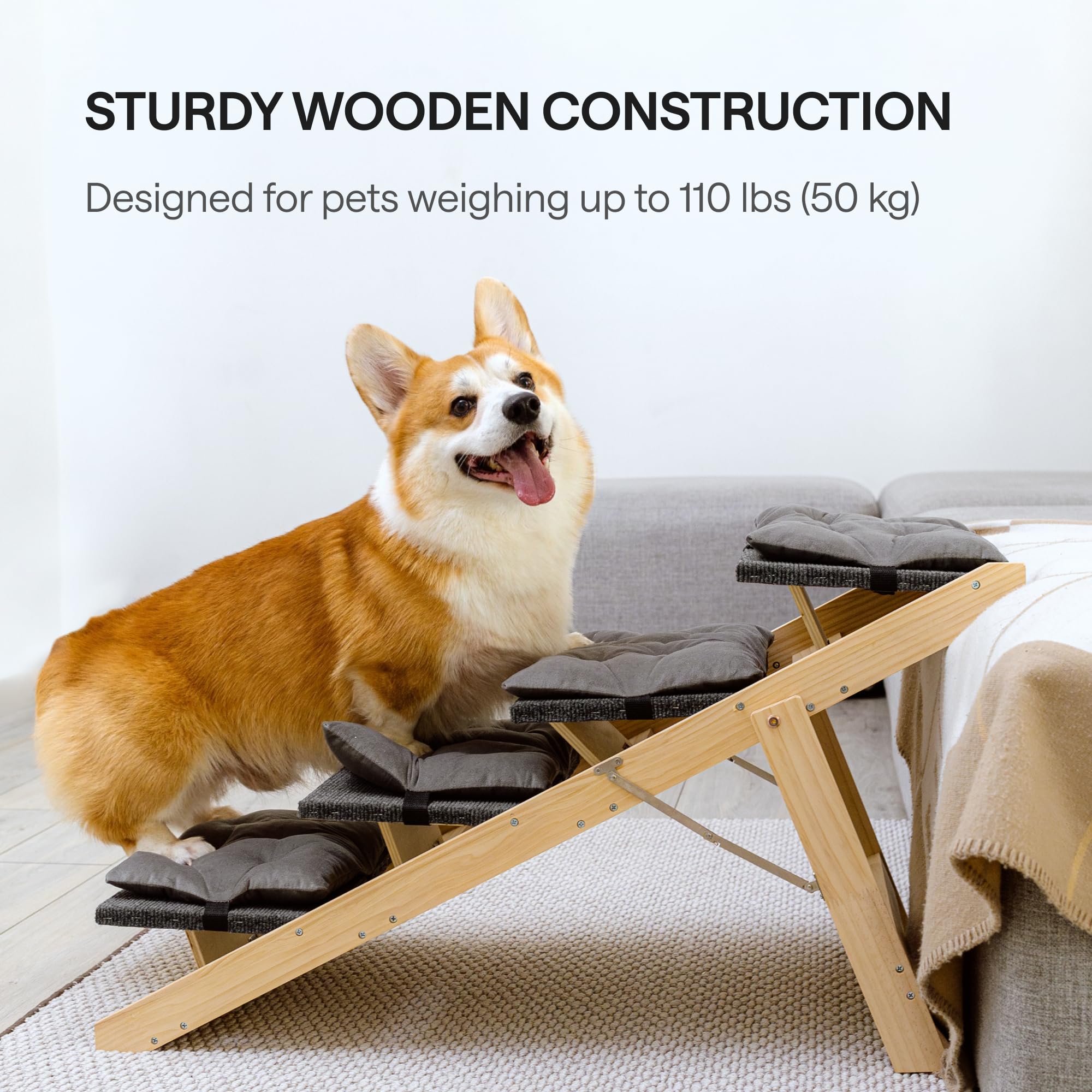 Folding Dog Ramp For Bed And Car - Transforms Into Step Dog Stairs For Small, Medium, Large Breeds - Wooden Pet Stairs For Dogs