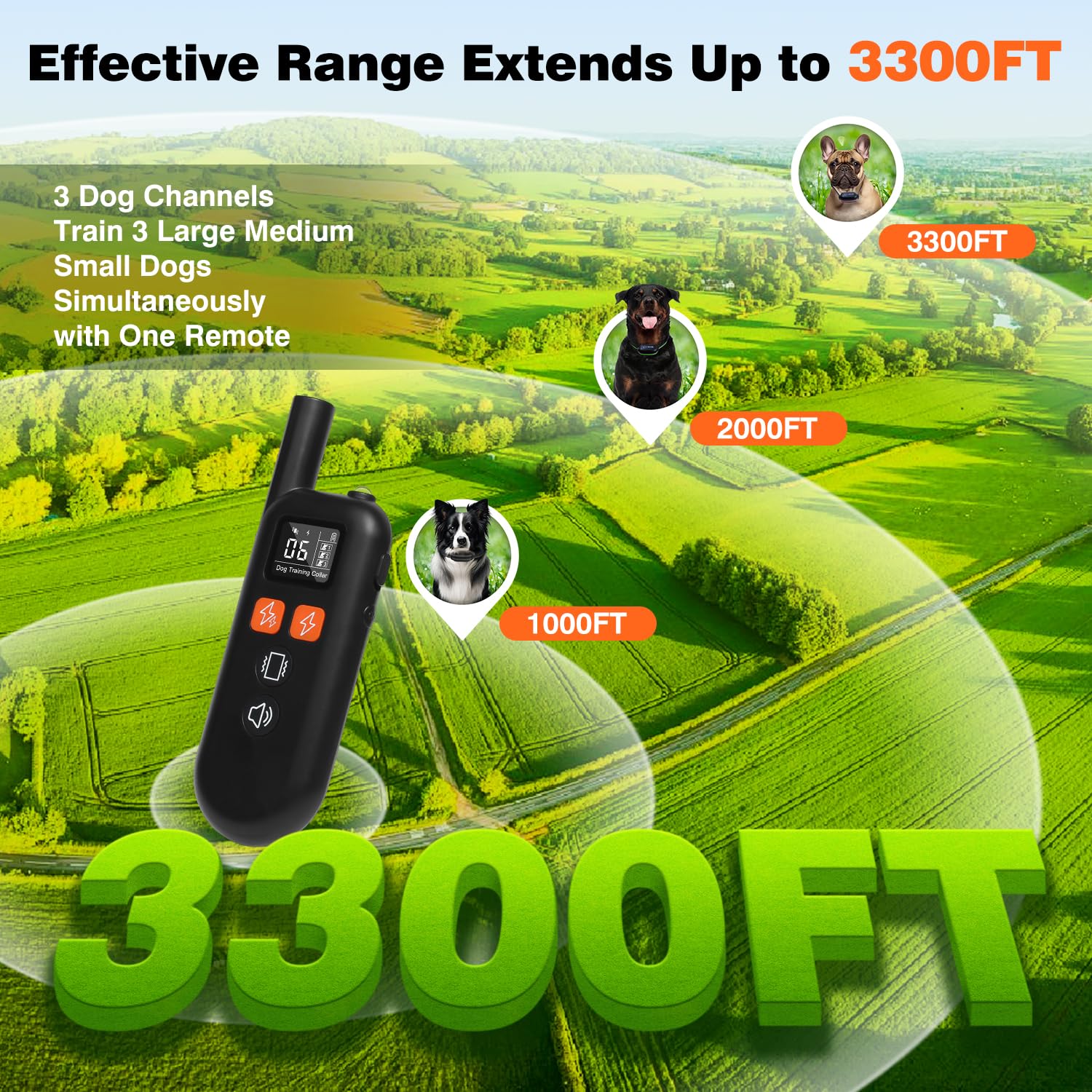 3 Dogs Shock Collar with Remote 3 Pack - 3300FT Rechargeable, IPX7 Waterproof Dog Training Collar with Fashlight, E Collar for S