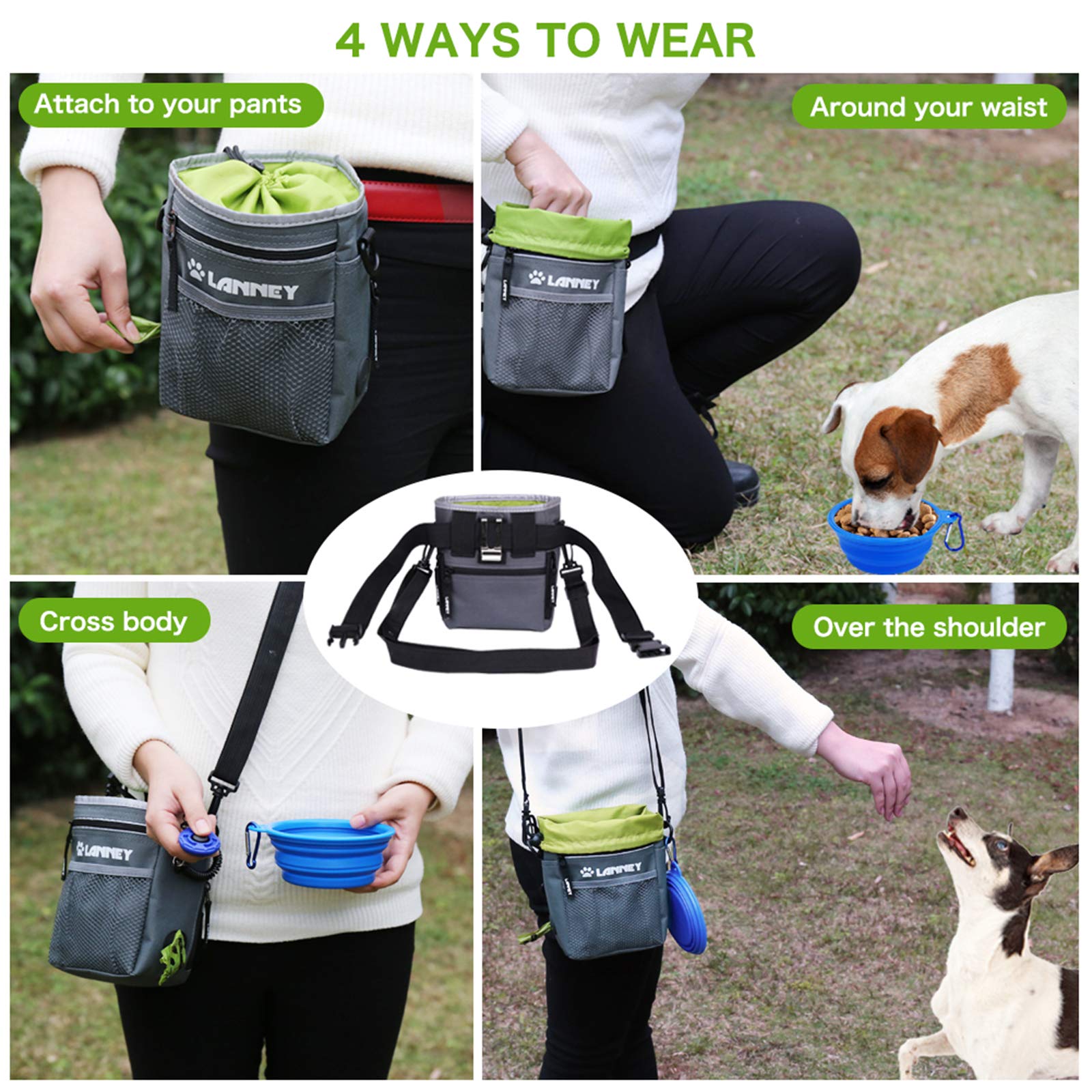 Dog Treat Pouch - 3 Ways to Wear Dog Treat Bag, Dog Training Treat Pouches for Pet Training with Clicker, Shoulder Strap, Adjust