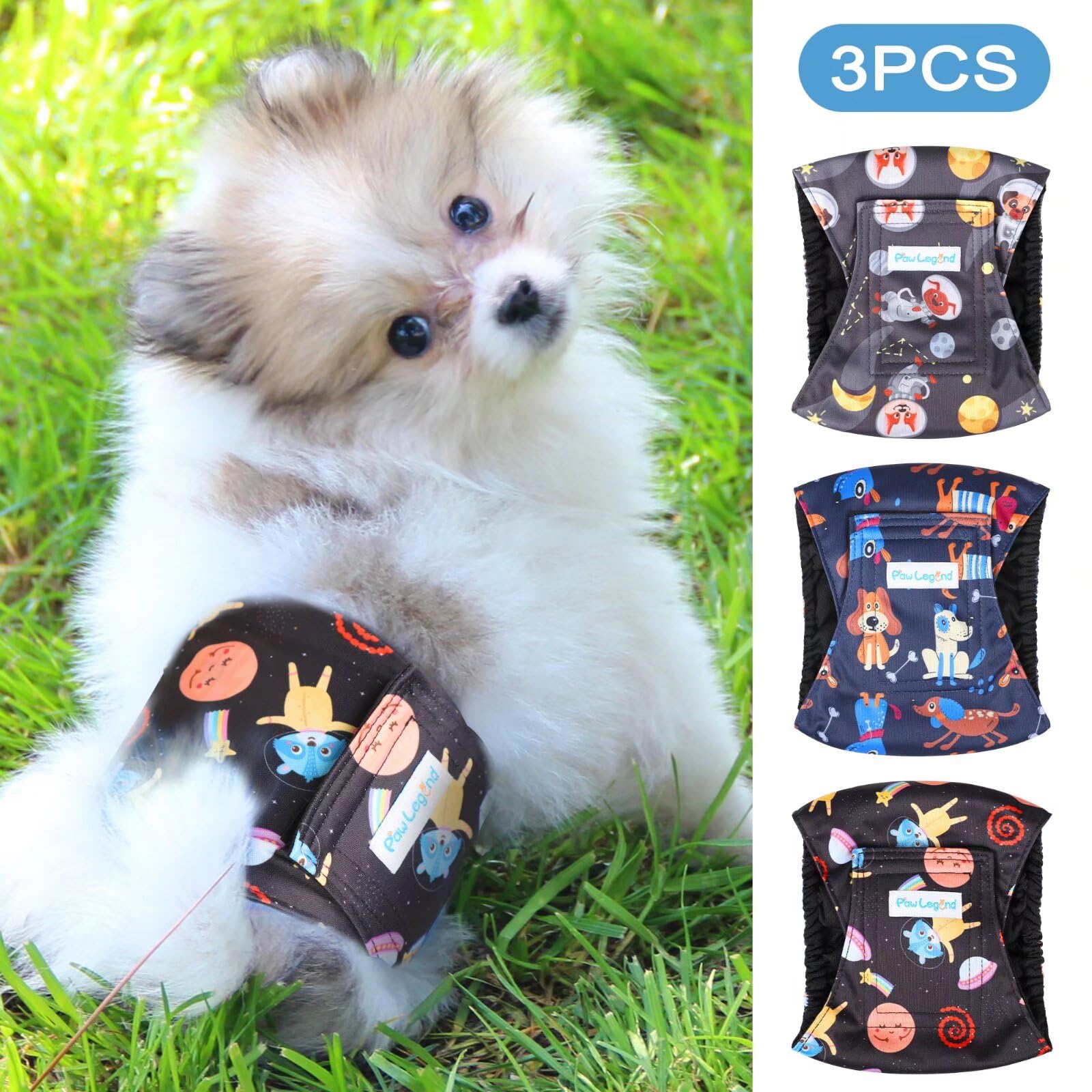 Paw Legend Washable Dog Belly Band Wrap Diapers for Male Dogs, High Absorbing, Small, Dog Pattern (3 Pack)