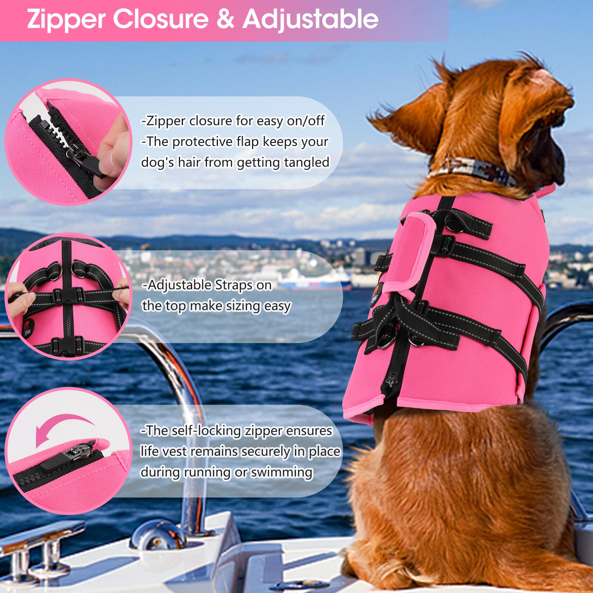 Dogcheer Dog Life Jacket With Zipper And Rescue Handle, Ripstop Puppy Life Vest With Chin Float For Swimming, Adjustable Swim Wa