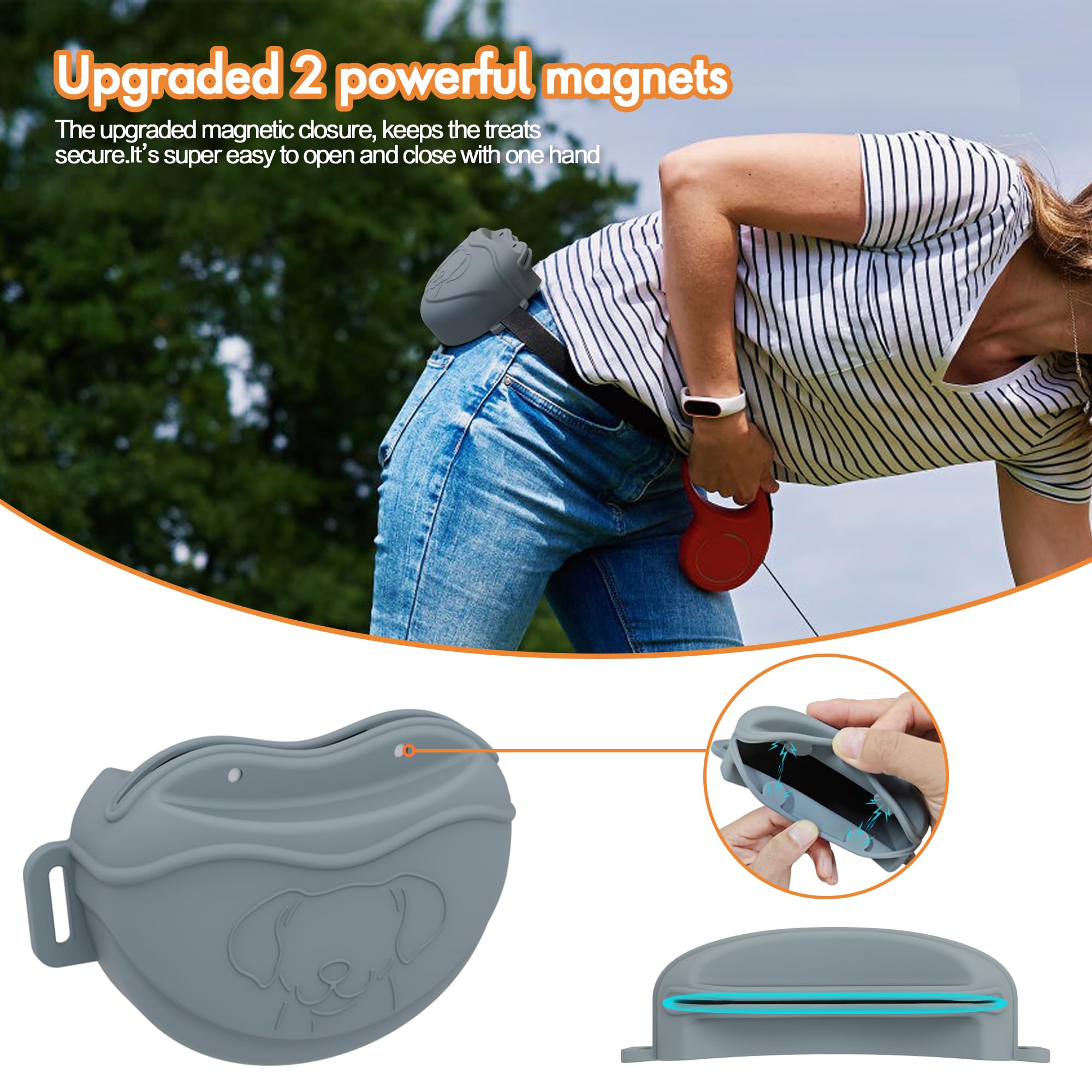 AWINNER Dog Treat Pouch - Premium Silicone - Upgrade 4 Strong Magnets Enhanced Magnetic Closure, Adjustable Waist Belt - Ideal f