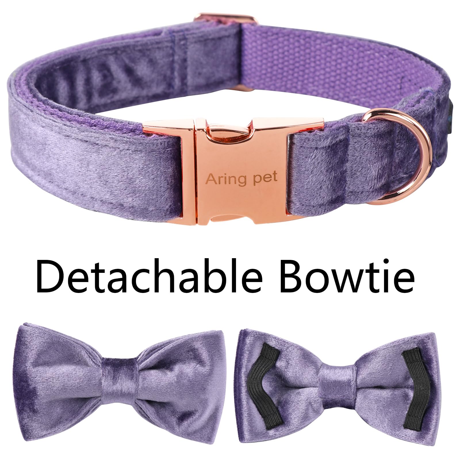 ARING PET Bowtie Dog Collar-Velvet Dog Collars with Removable Bowtie, Cute &Comfortable Purple Dog Collar,X-Large.
