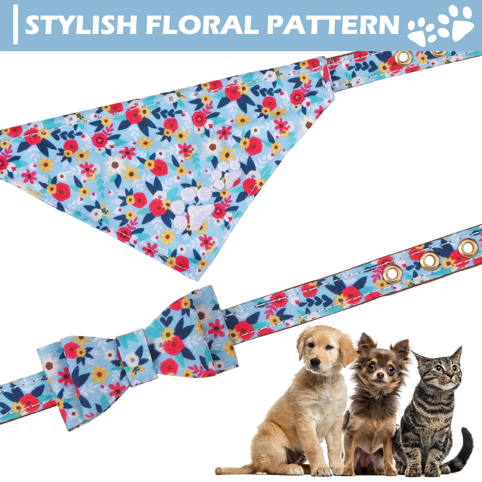 Expawlorer Puppy Collar And Leash Set - Embroidery Floral With Cute Flower Bow Tie, Bandana And Bell For Dogs Cats Outdoor Walki