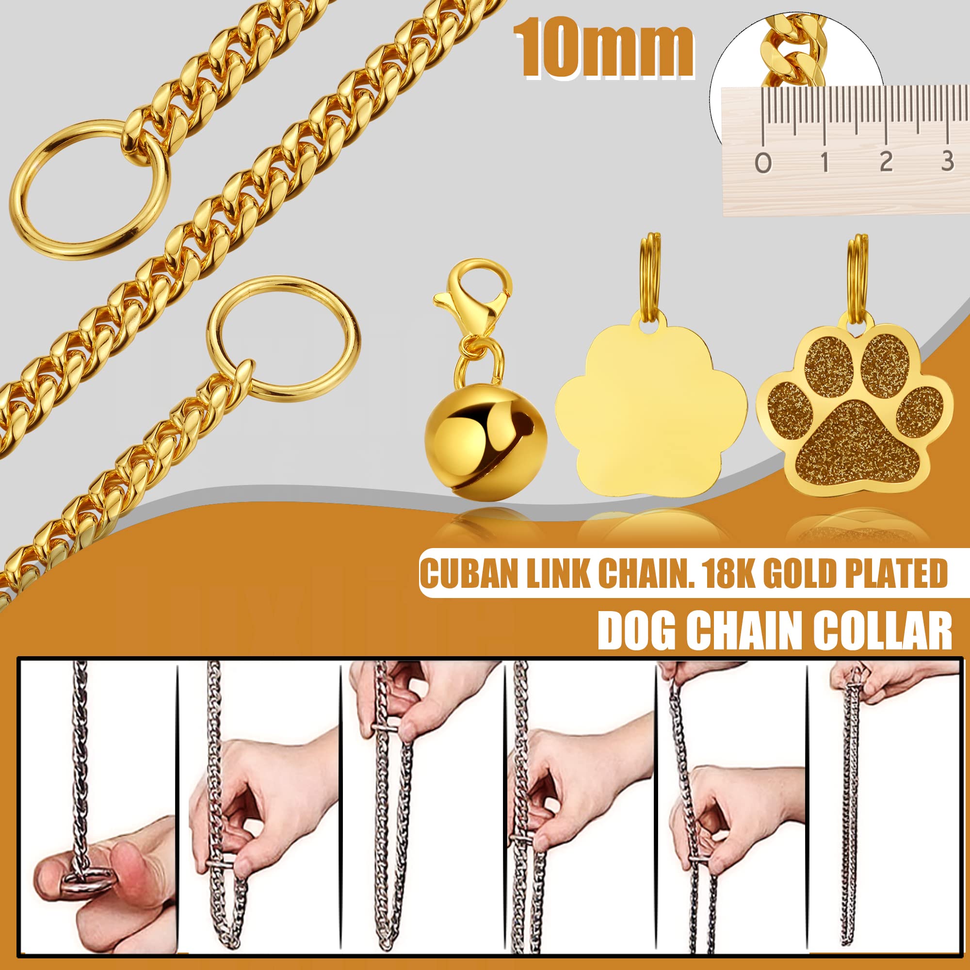 Luxlife Gold Cuban Link Dog Collar, 10Mm Stainless Steel, 5 Layer 18K Gold Plated, 'O' Lock, Bell & Bone Tag, Small To Large Dog