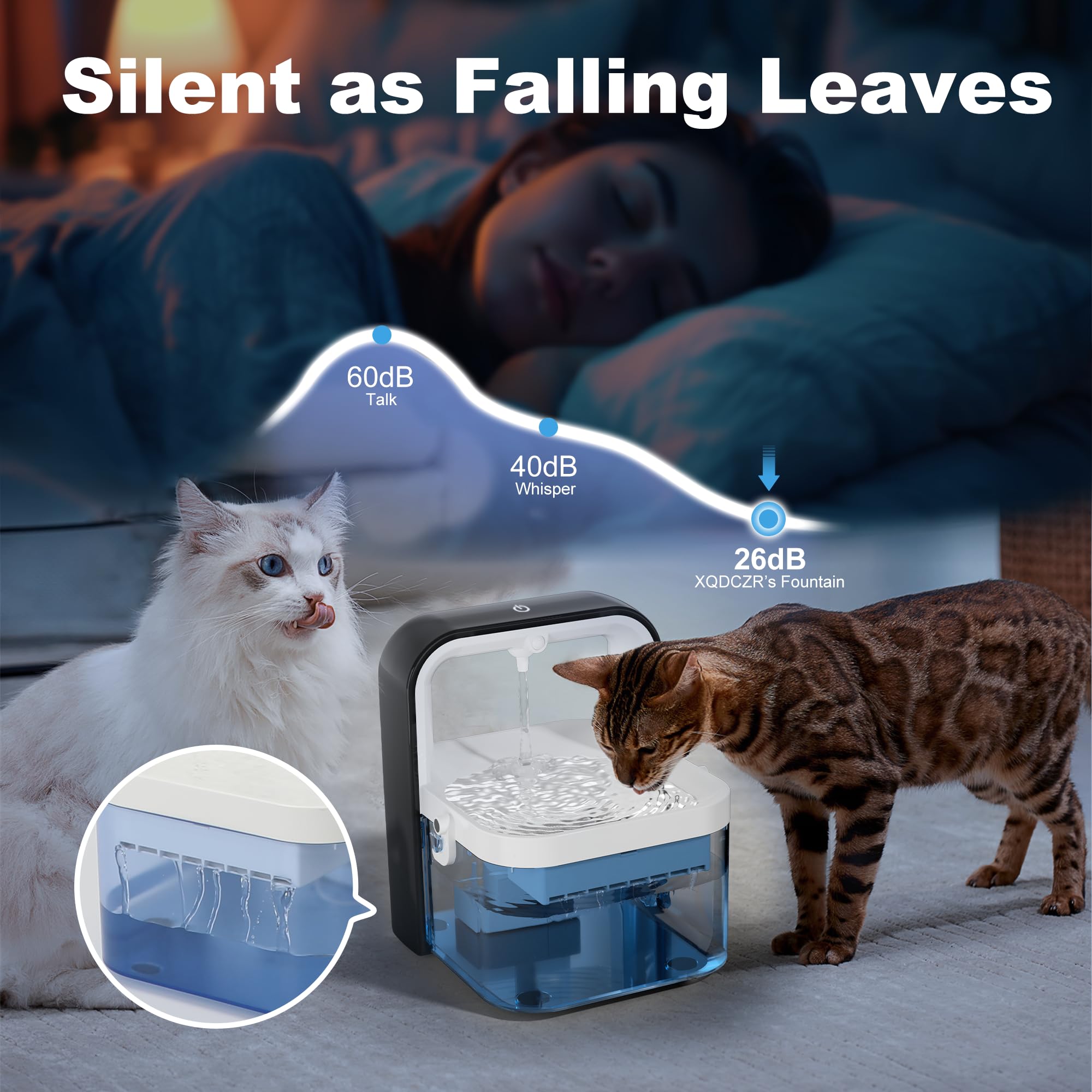 Cordless Cat Water Fountain, 70 Oz/2L Sink Automatic Kitten Fountain For Kittens, Battery Operated Cat Water Fountain With Motio