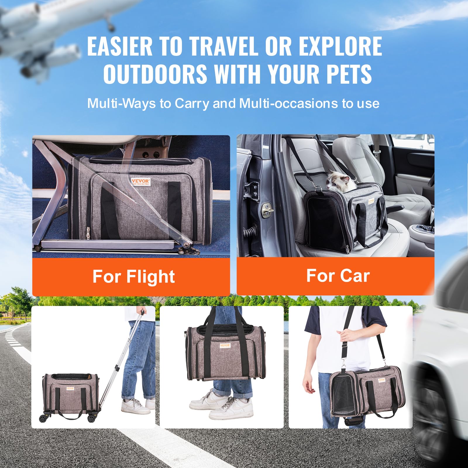 VEVOR Rolling Pet Carrier with Wheels, Expandable, Grey, 17.5L x 11.2W x 11.4H, for Pets up to 25lbs, Model