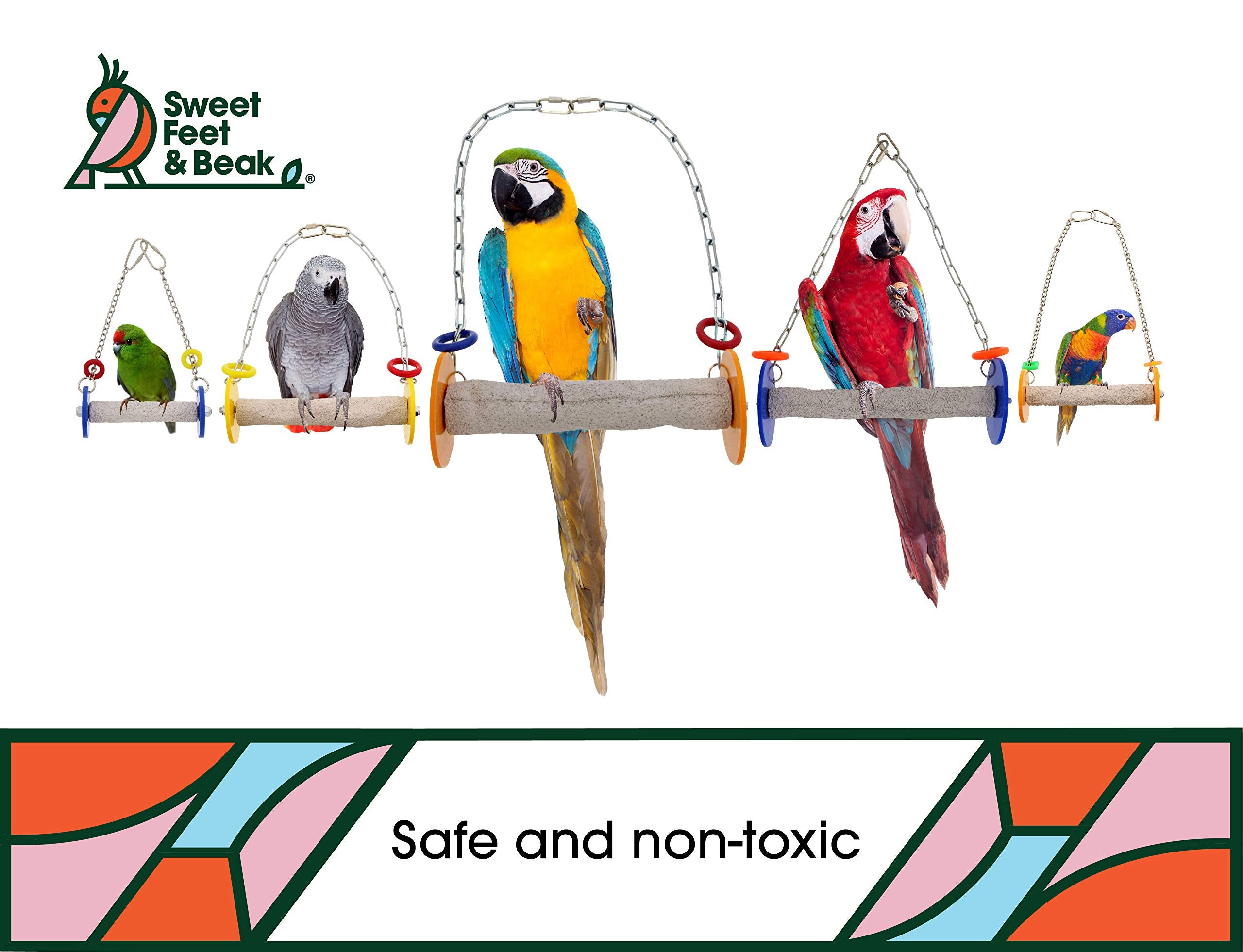 Sweet Feet And Beak Roll Bird Swing - Pumice Perch Bird Toys Trims Nails And Beaks, Safe And Non-Toxic Bird Cage Accessories For Small And Large Birds, Swinging Toys Birds Will Love, Small 7.5 Inches