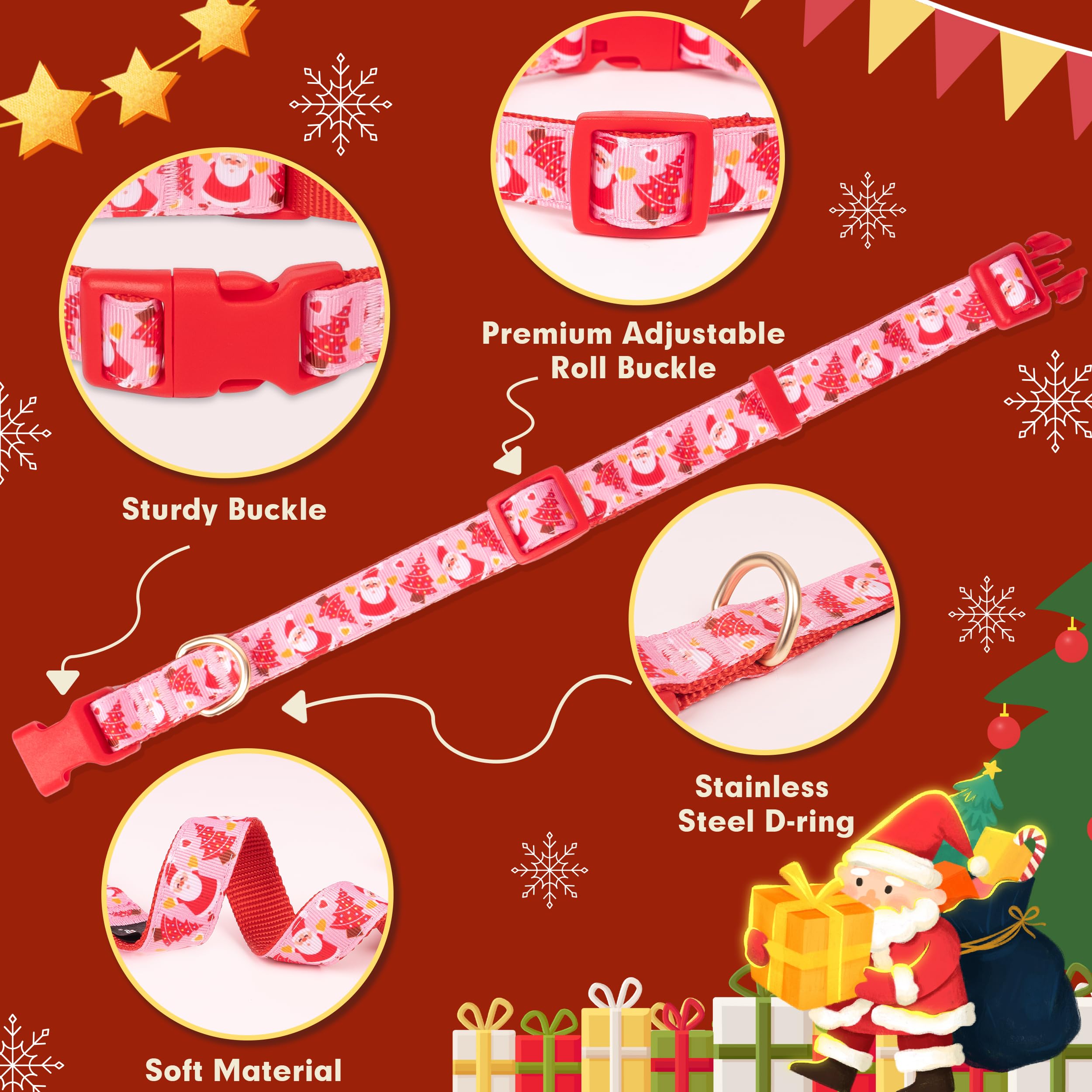 Azuza Christmas Dog Collar Santa Print With Removable Red And Pink Bowtie, Adjustable Collar Accessory For Large Dogs