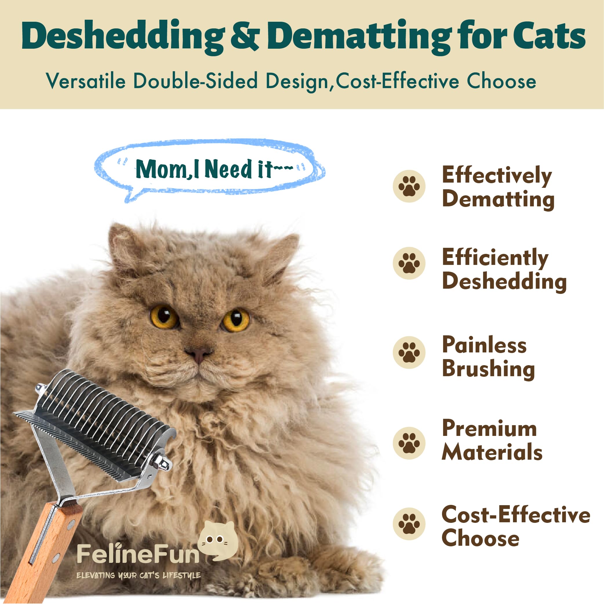 FelineFun Cat Brush for Dematting & Deshedding, 2 in 1 Undercoat Rake, Efficiently Remove Loose Hair & Matted Fur, Professional