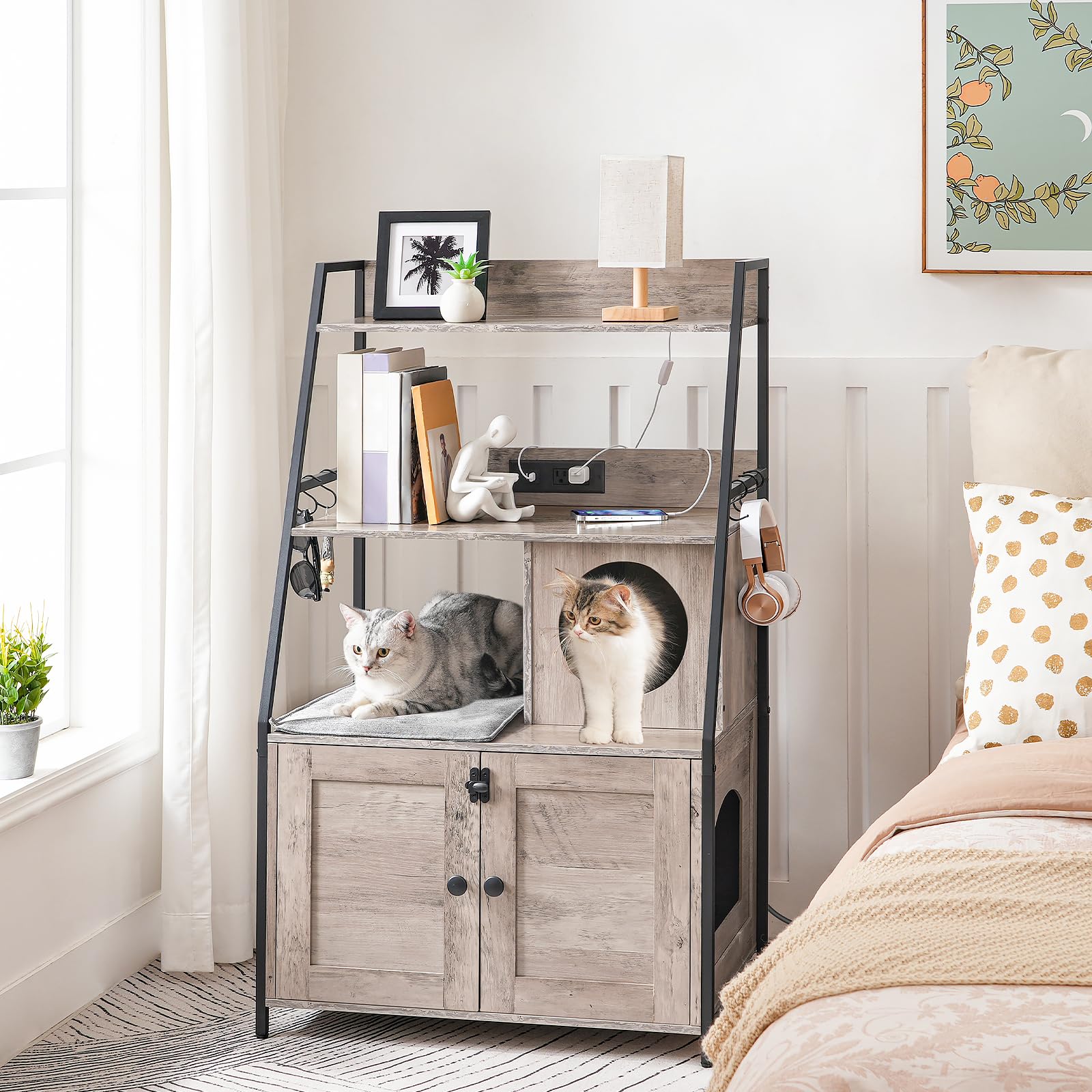 Hoobro Litter Box Enclosure With 2 Storage Shelves, Tall Litter Box Furniture Hidden With Charging Station, Indoor Cat Furniture