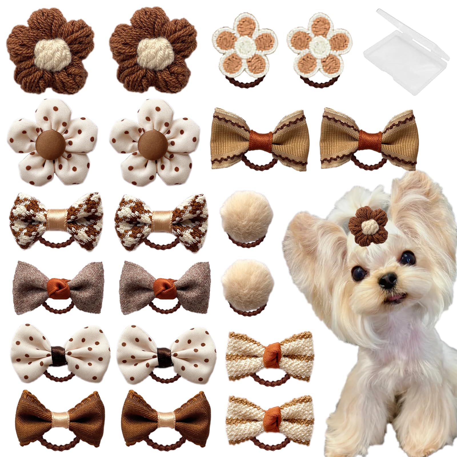 20 Pcs Small Dog Hair Bows with Rubber Bands Handmade Puppy Hair Bows Cute Grooming Flower Ball Bowknot Top Knot Dog Hair Access