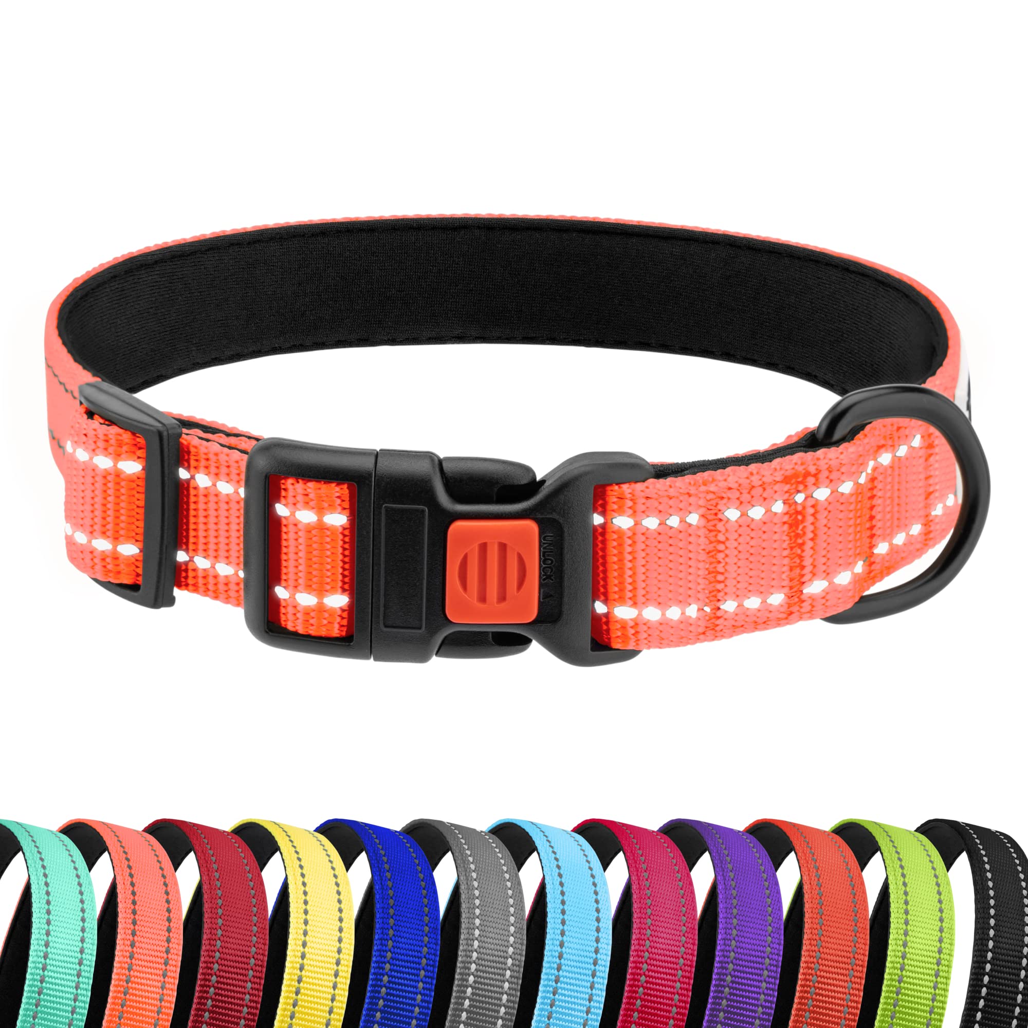 Collardirect Reflective Padded Dog Collar For A Small, Medium, Large Dog Or Puppy With A Quick Release Buckle - Boy And Girl - Nylon Suitable For Swimming (12-16 Inch, Coral)