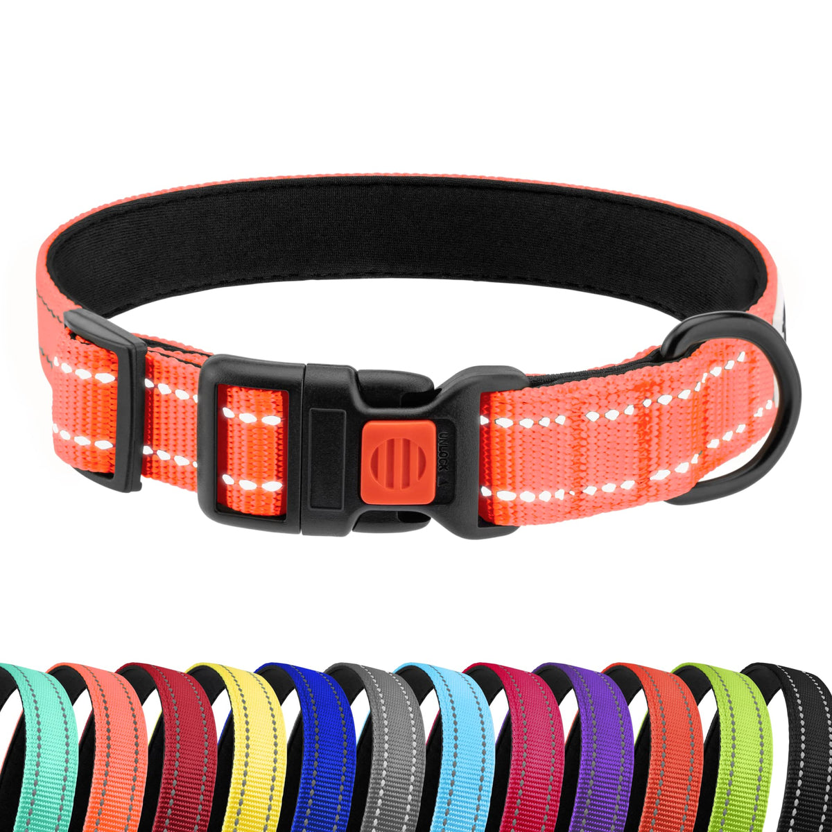 Collardirect Reflective Padded Dog Collar For A Small, Medium, Large Dog Or Puppy With A Quick Release Buckle - Boy And Girl - Nylon Suitable For Swimming (18-26 Inch, Coral)