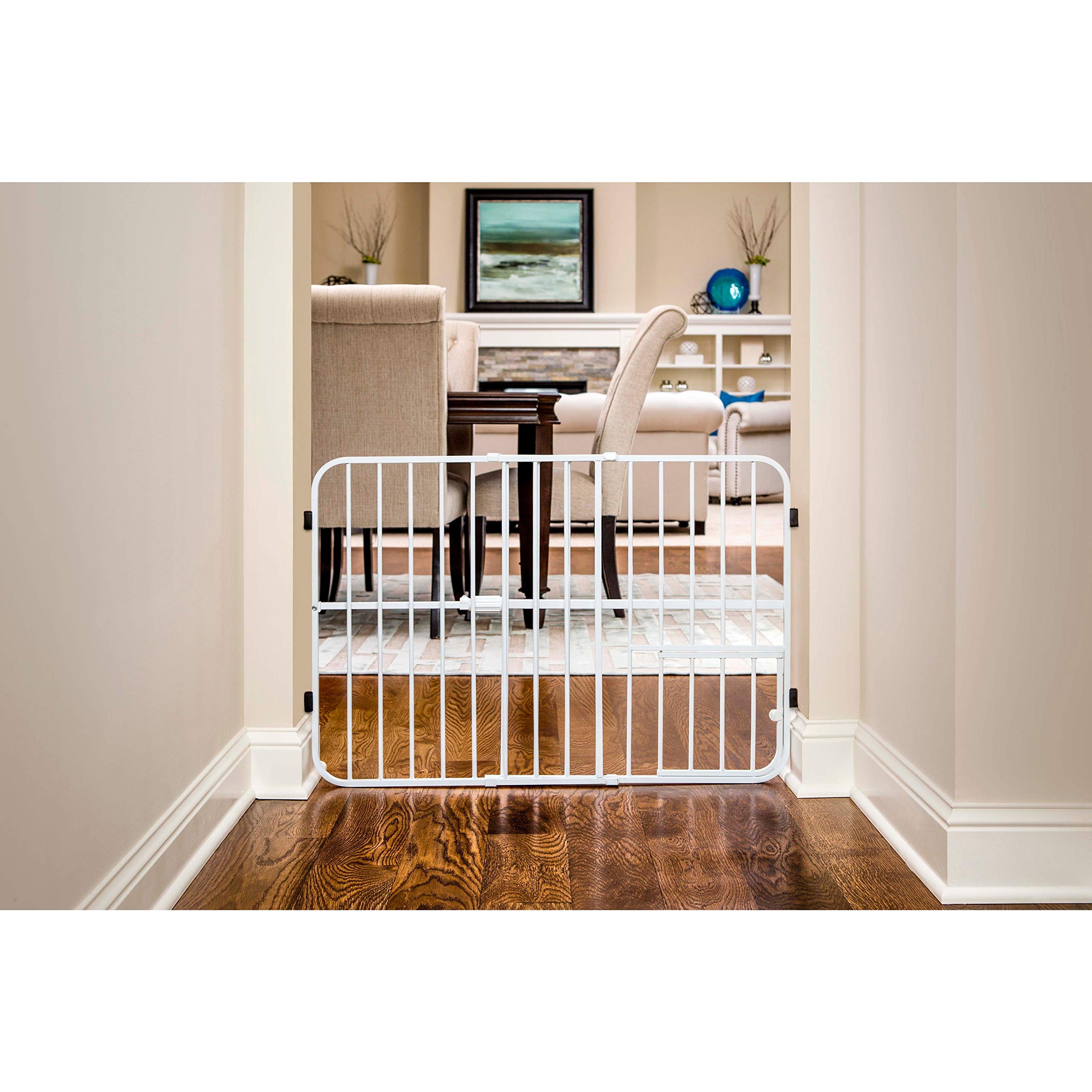 Carlson Pet Products Tuffy Metal Expandable Pet Gate, Includes Small Pet Door, 24 X 22-38 Inch, White