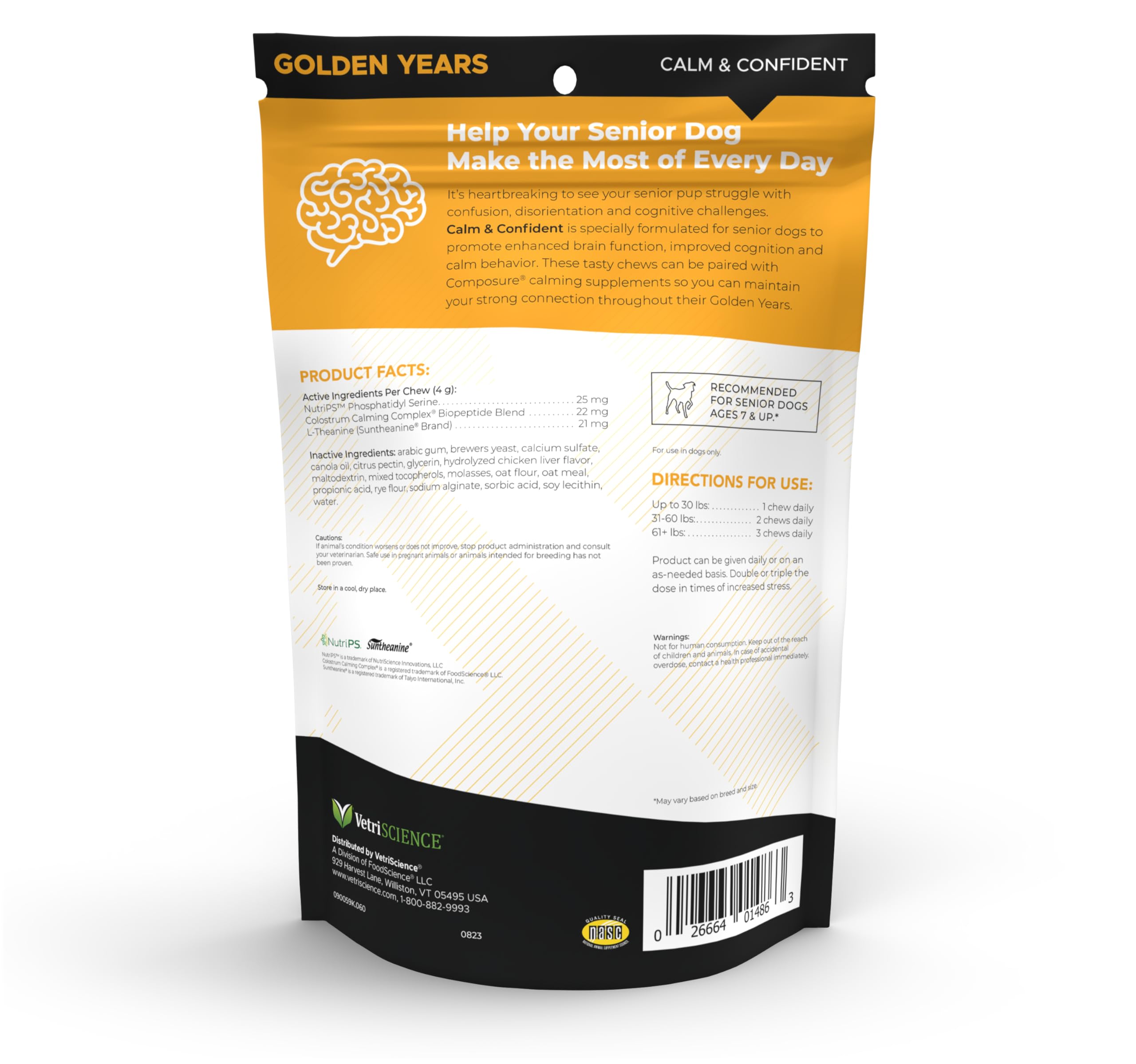 VetriScience Golden Years Calm and Confident Cognitive Support for Senior Dogs, Chicken, 60 Chews - Confusion, Anxiety, and Rest