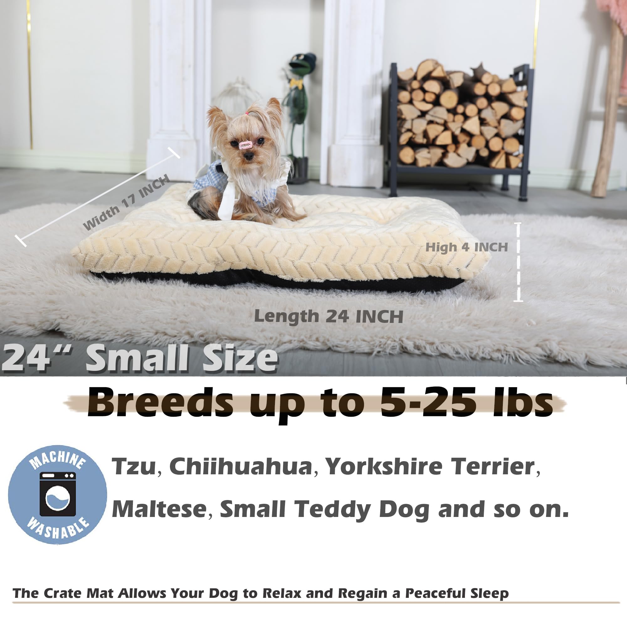 24 Inch Dog Crate Bed Mat for Cages, Washable Sleeping Mat for Small Dogs Up to 25 lbs, Soft and Fluffy Tire Printing, Rice Whit