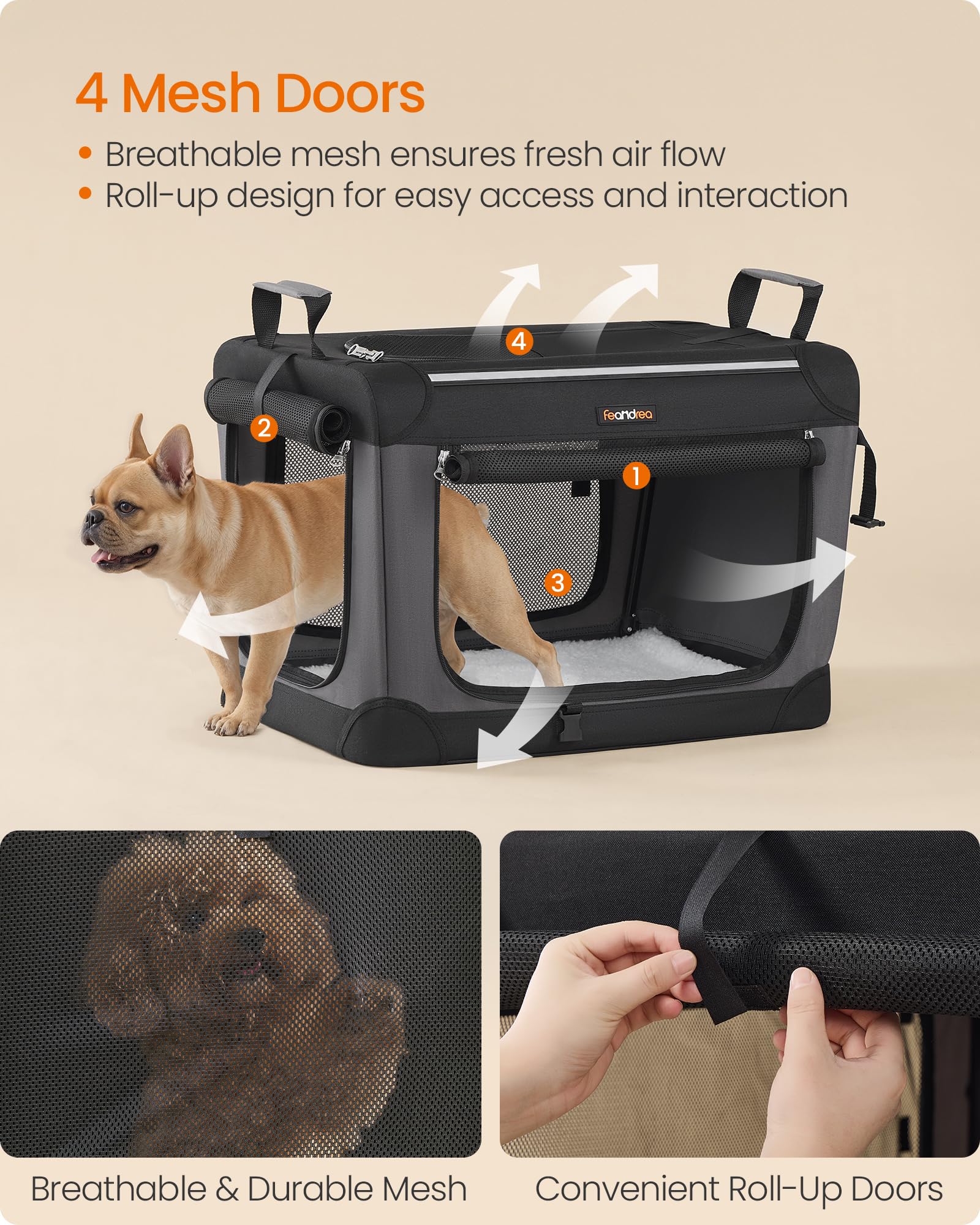 Feandrea 24-Inch Portable Dog Crate - Collapsible Oxford Fabric Carrier with 4 Mesh Doors, Water Bottle Holder, Ink Black