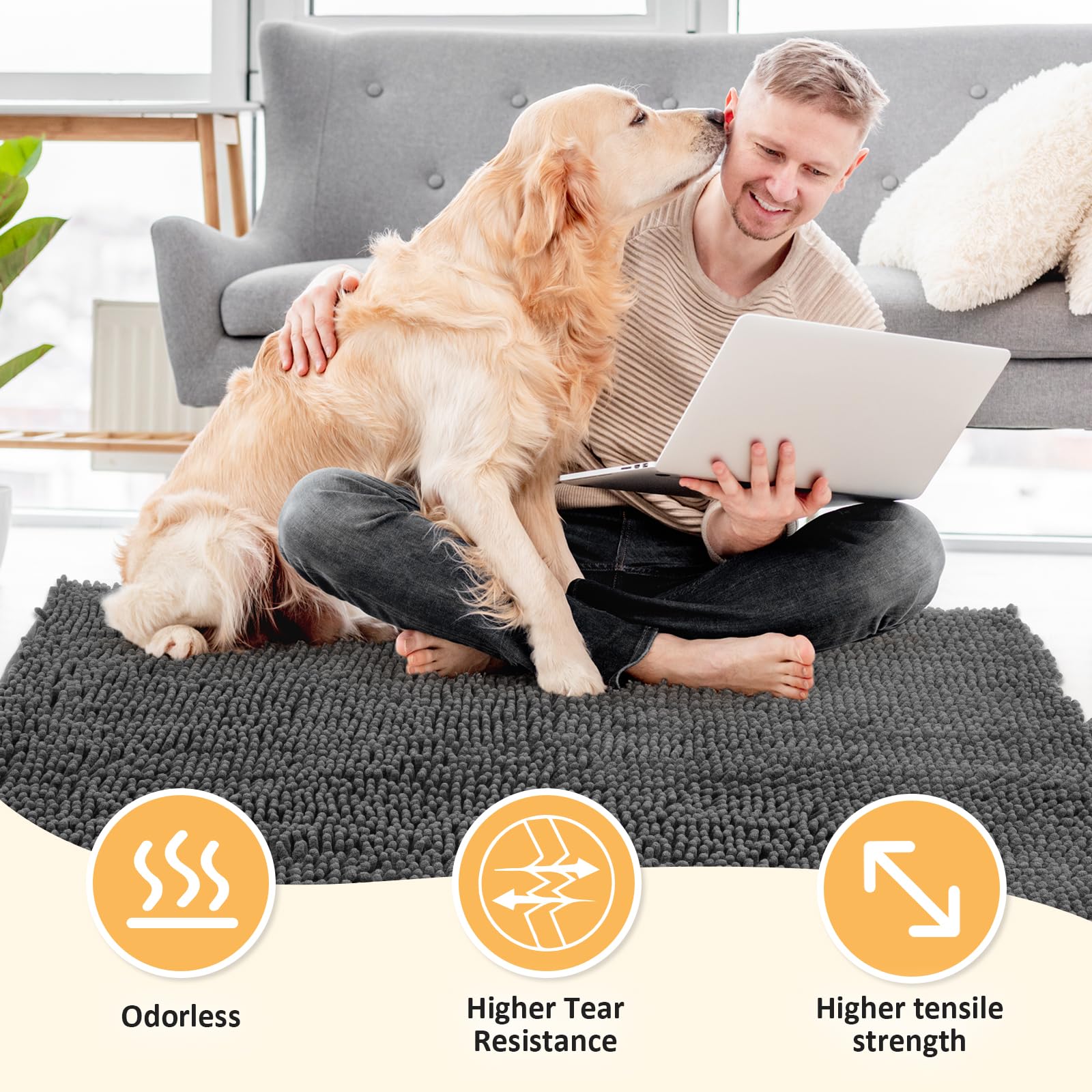 HOMEK Absorbent Dog Door Mat for Muddy Paws, 72 x 36 Chenille Indoor Mats for Entryway, Trap Dirt Front Door Mat Indoor Entrance