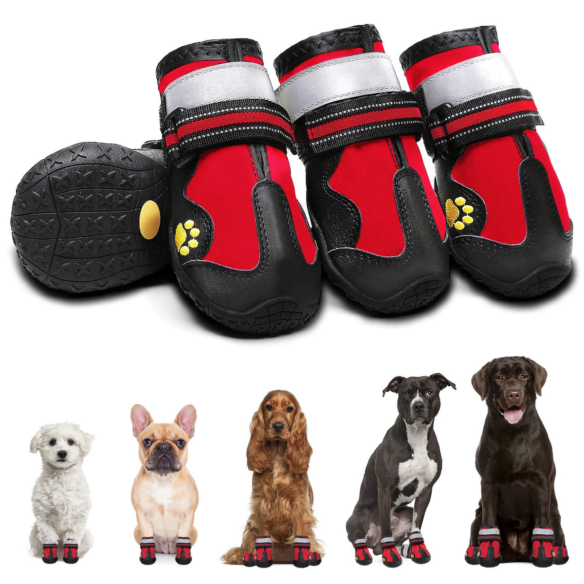 Dog Shoes For Small Dogs: Breathable Medium Dog Boots Paw Protector For Summer Hot Pavement Winter Snow, Outdoor Walking Dog Booties, Indoor Hardfloors Anti-Slip Sole Red 4Pcs-Size 4