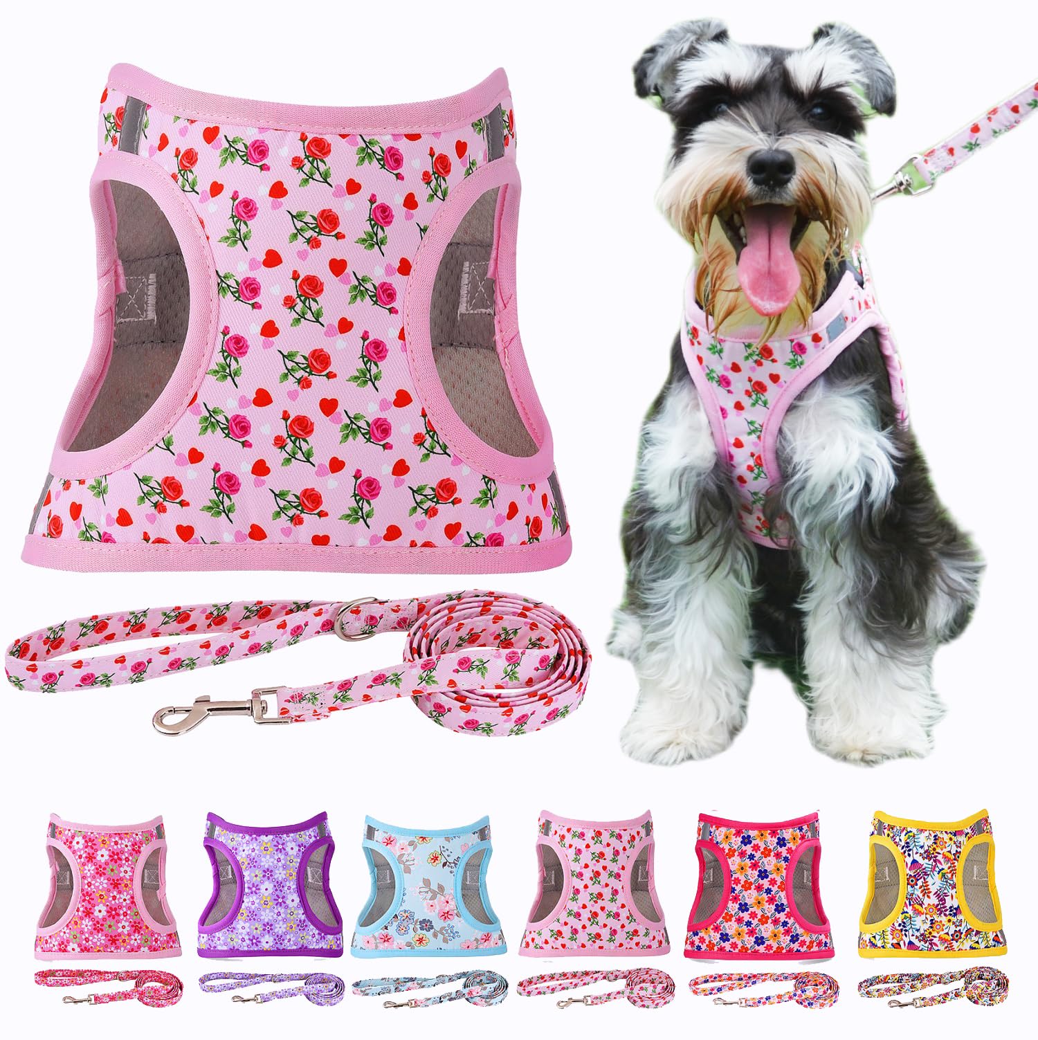 Moonpet Step in Valentine s Day Dog Harness Leash Set- All Weather Reflective No-Pull Floral Pattern Padded Mesh Vest Harness f