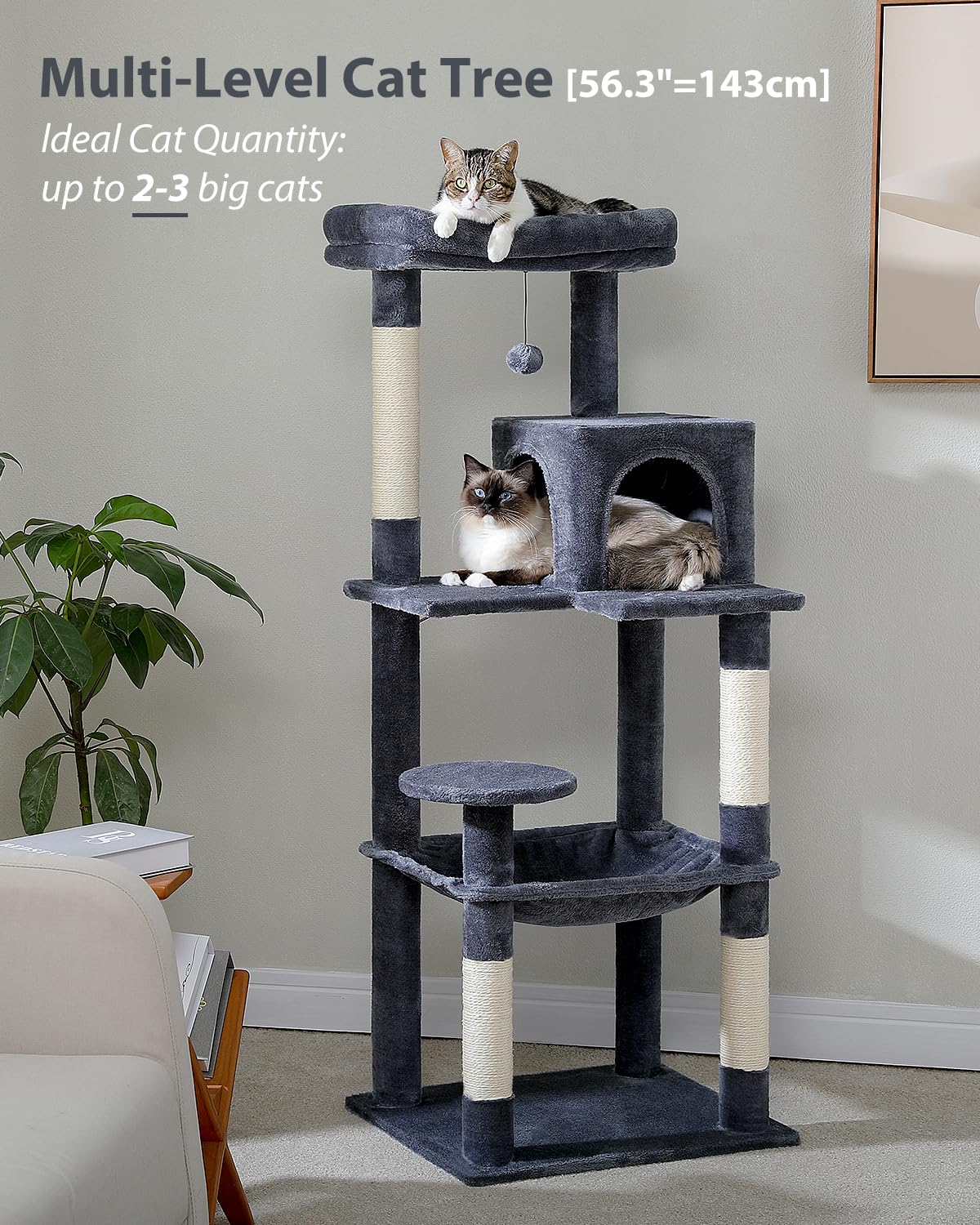 Pequlti Cat Tree For Large Cats With Metal Frame Big Hammock, Cat Tower For Indoor Cats With 2 Door Condo House, [56.3=143Cm]