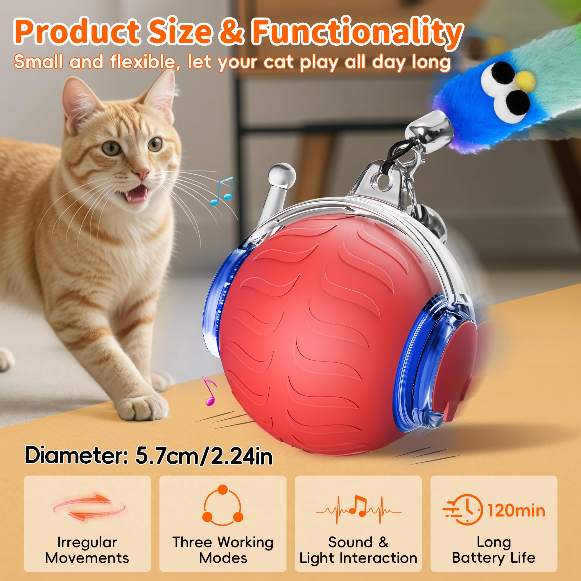 Upsky Interactive Cat Toy Ball For Indoor Cats, Automatic Moving Electric Rolling Cat Ball Toy, 3-Speed Modes Smart Kitten Toys
