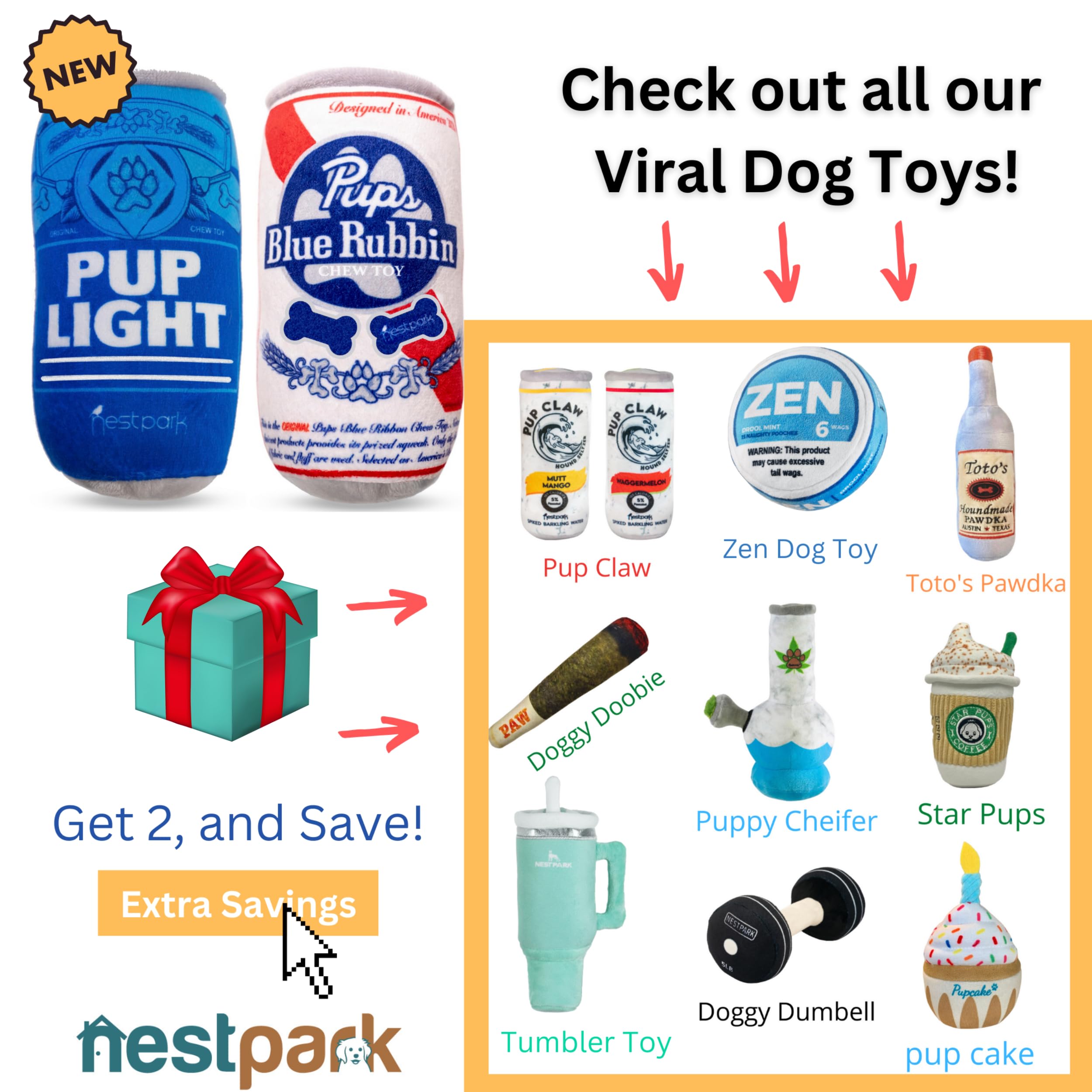 Nestpark Pup Light And Pups Blue Rubbin - Beer Dog Toys - Funny Dog Toys - Plush Squeaky Cute Dog Gifts For Dog Birthday - Cool Stuffed Parody Dog Toys (2 Pack) (Mix)
