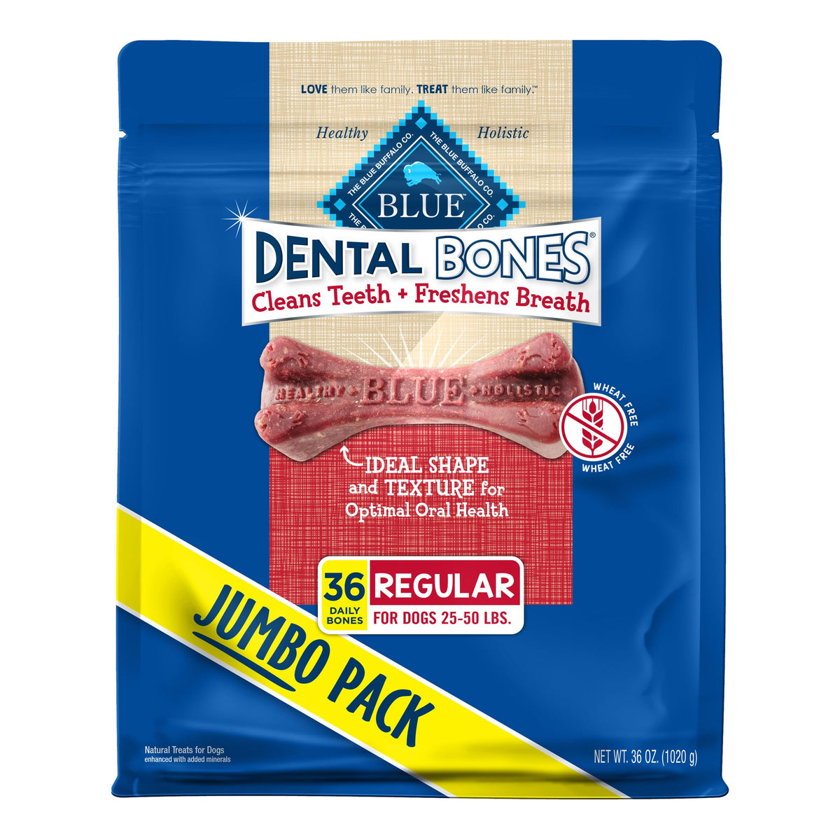 Blue Buffalo Dental Bones Regular Natural Dental Chew Dog Treats Bag Jumbo Pack, 36Oz. Bag