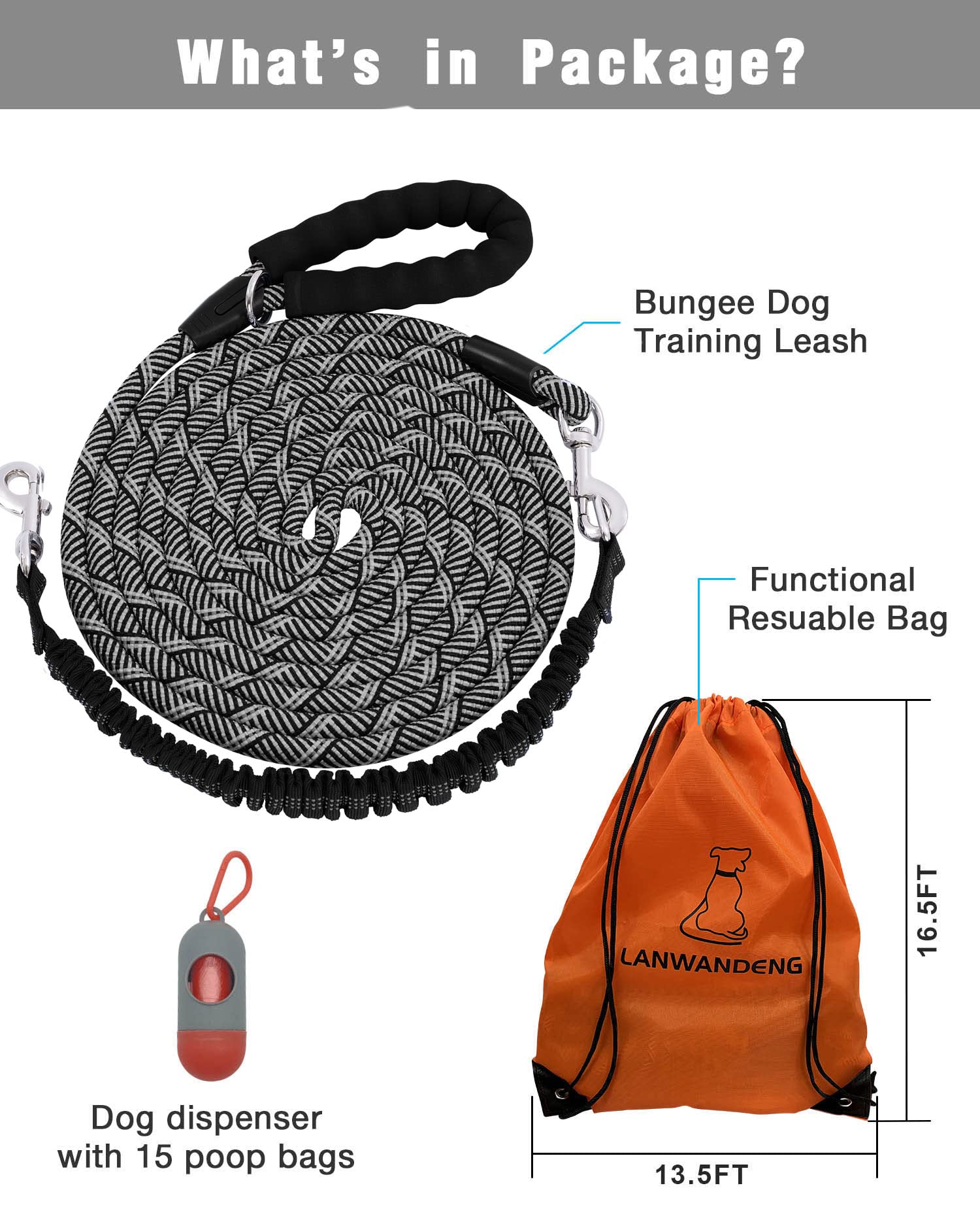 Long Dog Leash With Reflective Threads 15Ft 20Ft 30Ft 50Ft,Heavy Duty Bungee Dog Leashes For Small Medium Large Dogs,Shock Absor