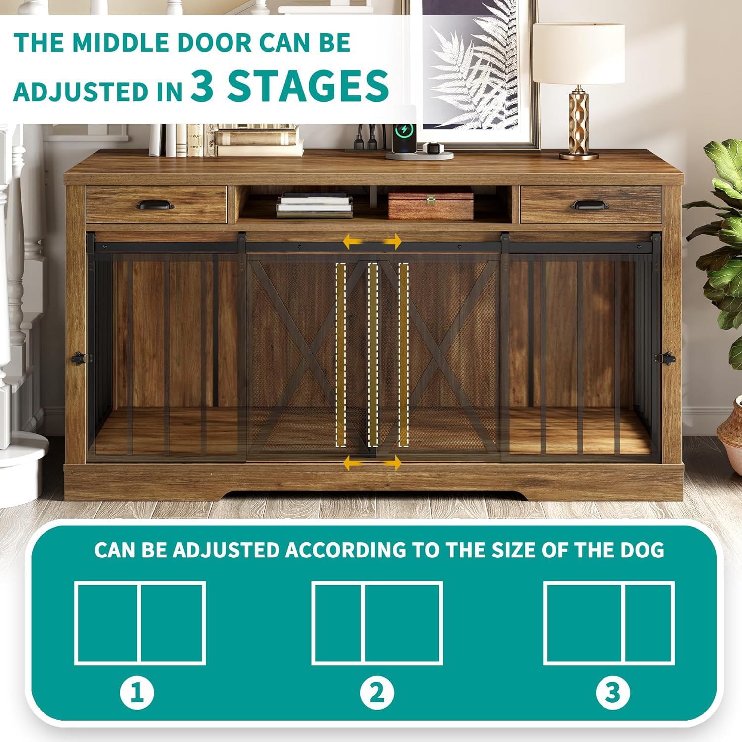 YITAHOME 63" Double Dog Crate TV Stand - Heavy Duty Wooden Indoor Kennel, Brown, Engineered Wood, Model MAYIHibdkN