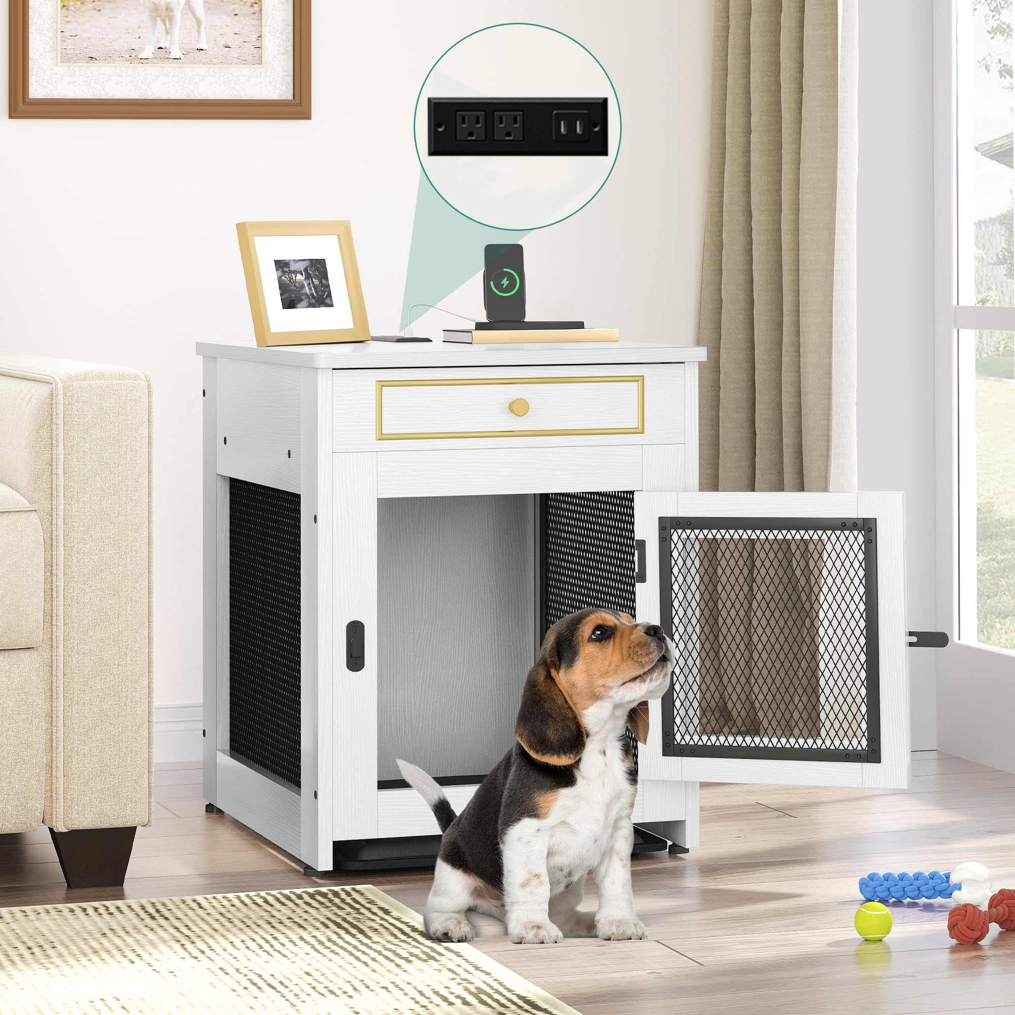 DWVO Dog Kennel Furniture with Dual USB Charger, Dog Crate End Table with Tray, Wooden Dog Crate Furniture with Cushion for Smal