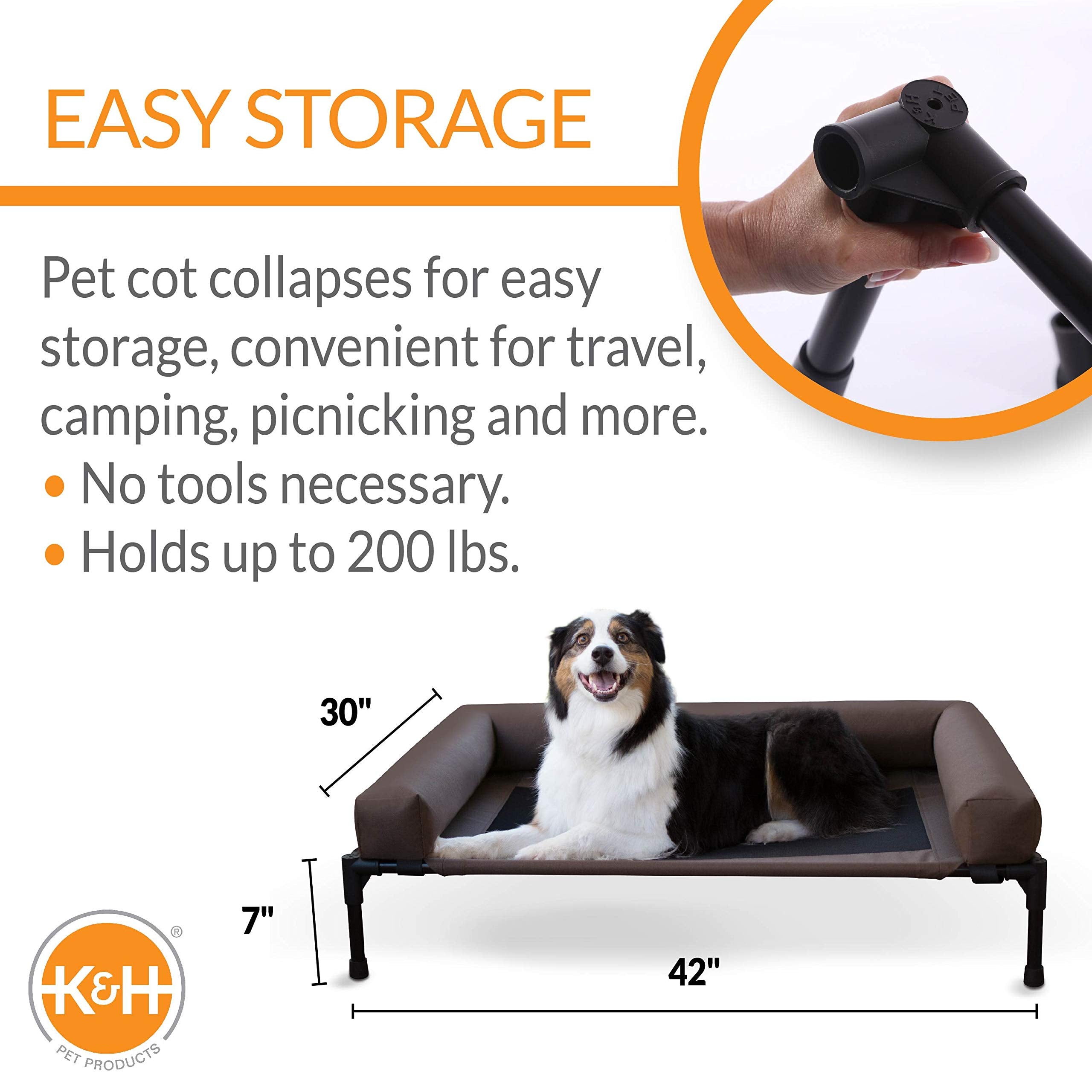 K&H Pet Products Original Bolster Pet Cot Outdoor Elevated Dog Bed with Removable Bolsters - Chocolate/Black Mesh, Large 30 X 42