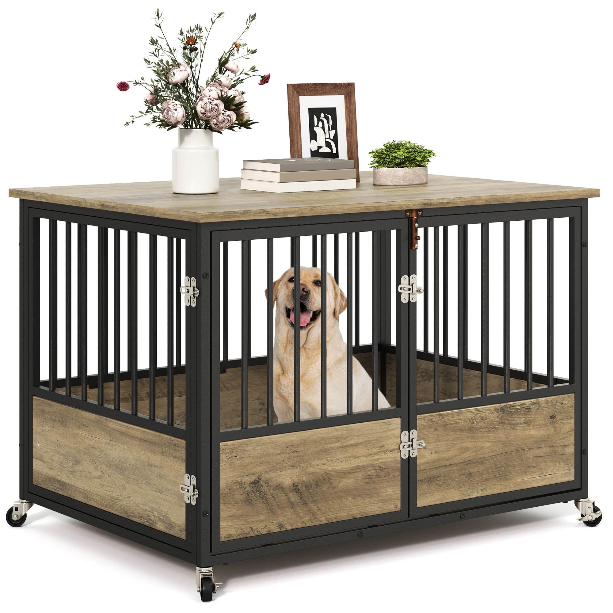 YITAHOME 43.3 Dog Crate Furniture with Wheels, Heavy Duty Wood Dog Cage Table with Double-Doors Chew-Resistant Wooden Dog Kennel