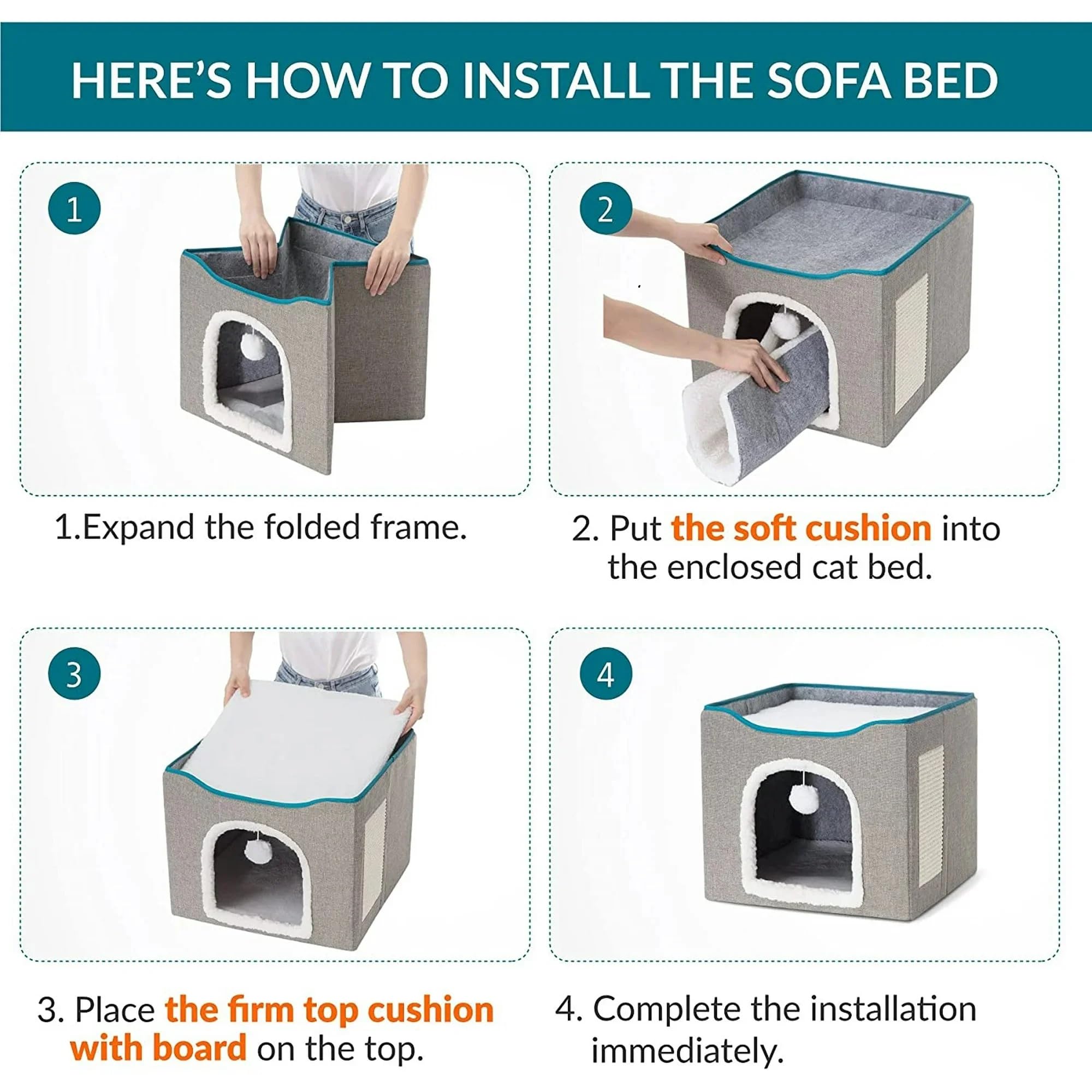 Fluffy Paws Store Cat Beds For Indoor Cats - Large Cat Cave For Pet Cat House With Fluffy Ball Hanging And Scratch Pad, Foldable