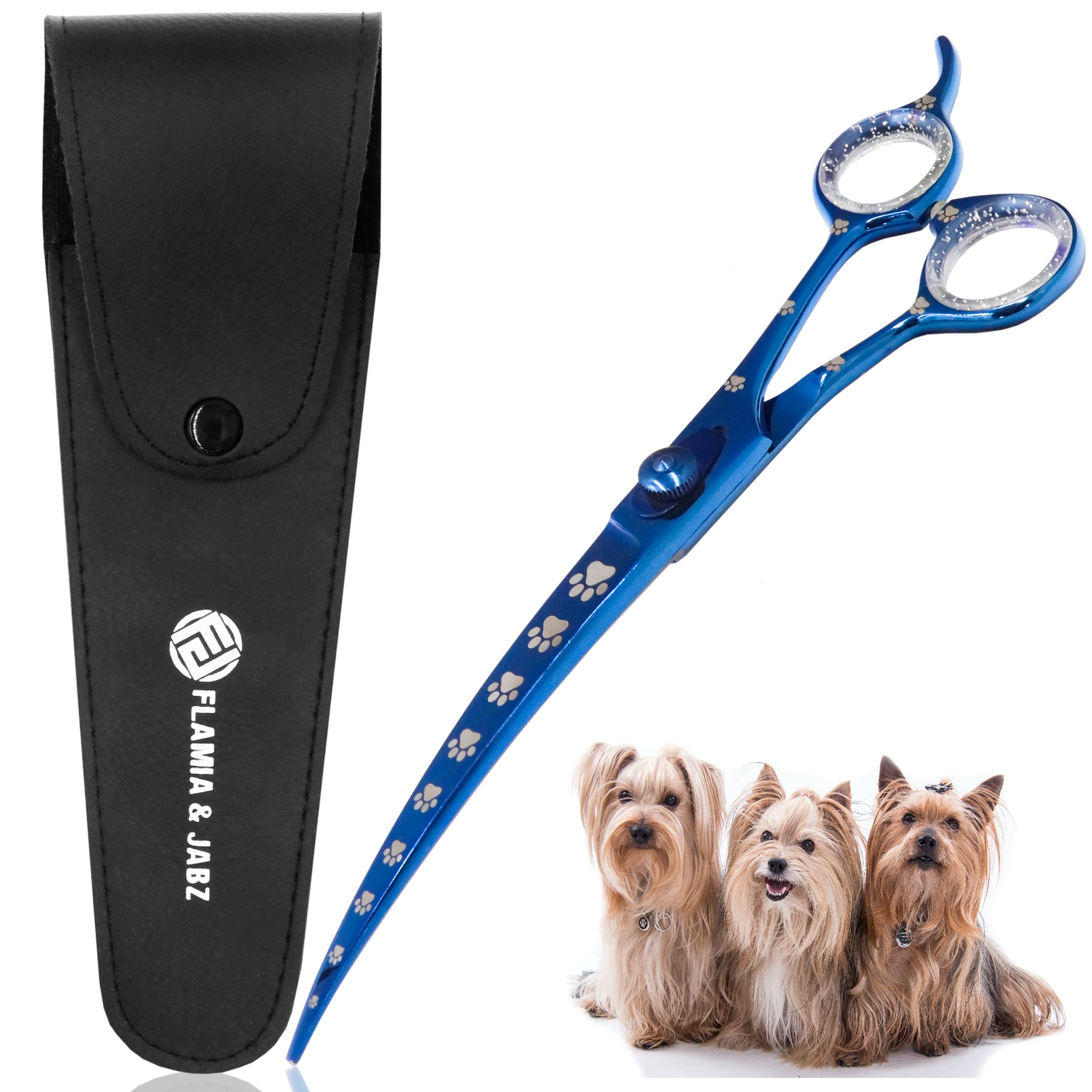 Professional Dog Grooming Scissors/Shears, Curved, with Paw Prints for Dogs, Cats & Pets (Right Handed, Blue, Stainless Steel 8 