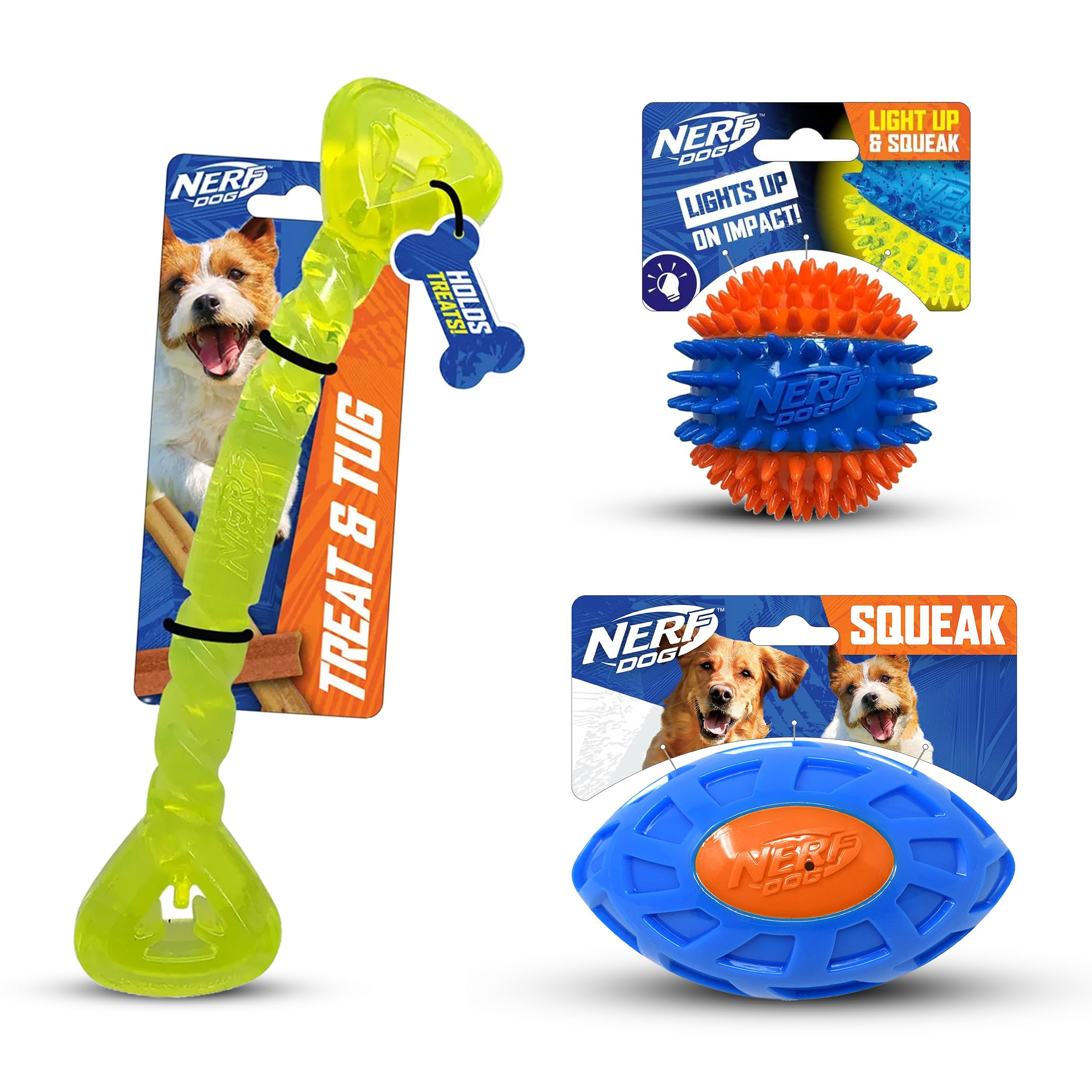 Nerf Dog Toy Gift Set, 3-Piece Set of Outdoor Dog Toys for Tug and Fetch, Includes Spike Squeak Ball, Treat Tug Bone and Exo Squ