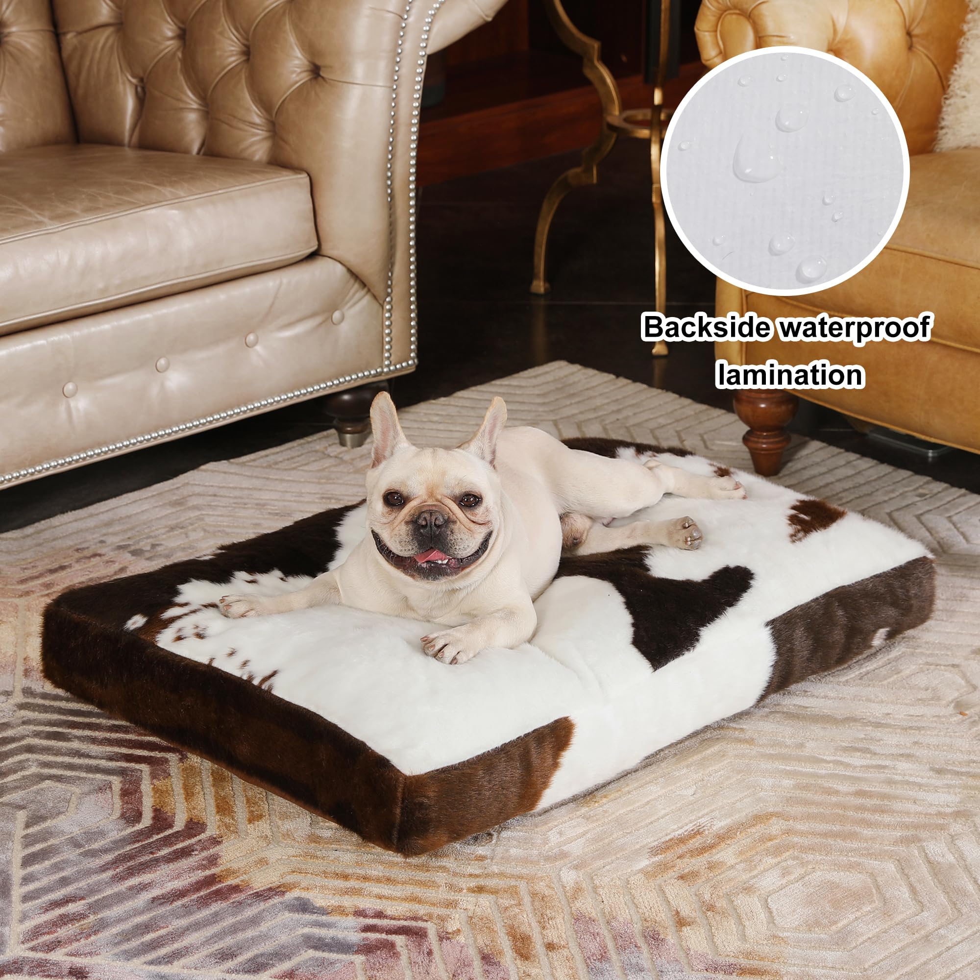 Bedfolks Waterproof Dog Crate Bed, Plush Faux Fur Pad for Medium Dogs 29"x21", Cow Print, Removable Washable Cover