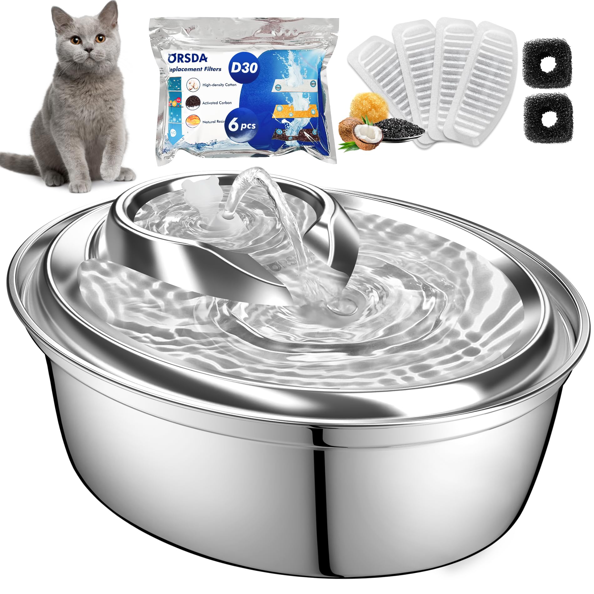 Orsda Cat Water Fountain Stainless Steel, 2L Pet Fountain For Cats Inside, Dog Water Dispenser, Automatic Cat Drinking Fountains With 6 Replacement Filters For Cats, Small Dogs