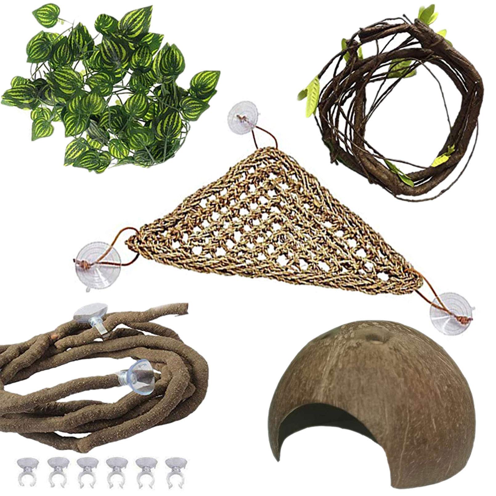 PINVNBY Bearded Dragon Tank Accessories,Lizard Habitat Hammock Reptile Natural Coconut Shell Cave Jungle Climber Bendable Vines 