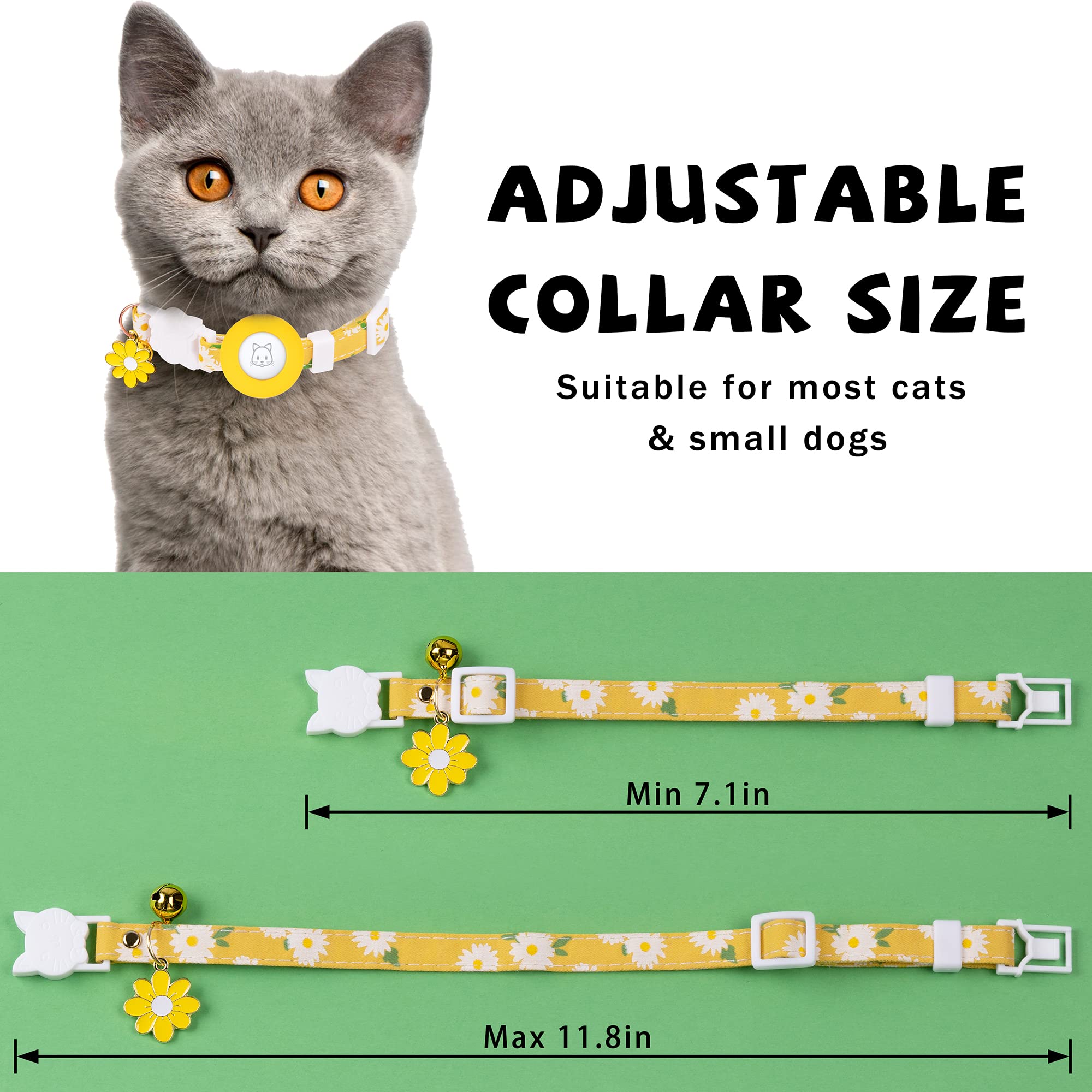Airtag Cat Collar, Jxfukal Kitten Collar Breakaway With Silicone Airtag Holder, Bells & Flower Charm For Girl Cats Boy Cats Small Dogs(Yellow)