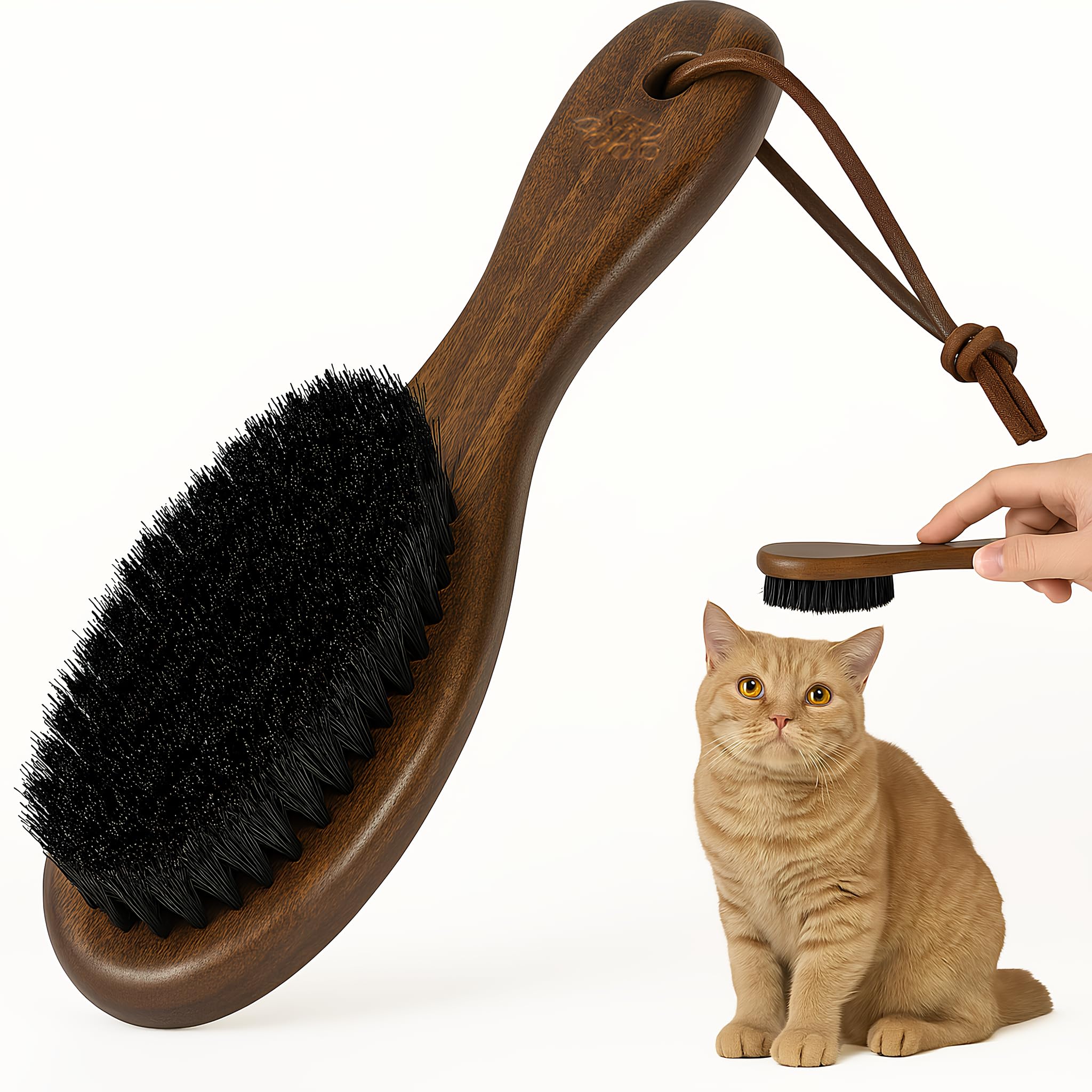 Takavu Boar Bristle Cat Hair Brush, Gentle Grooming Brush With Natural Bristles And Wooden Handle For Sensitive Skin, Pet Cleani