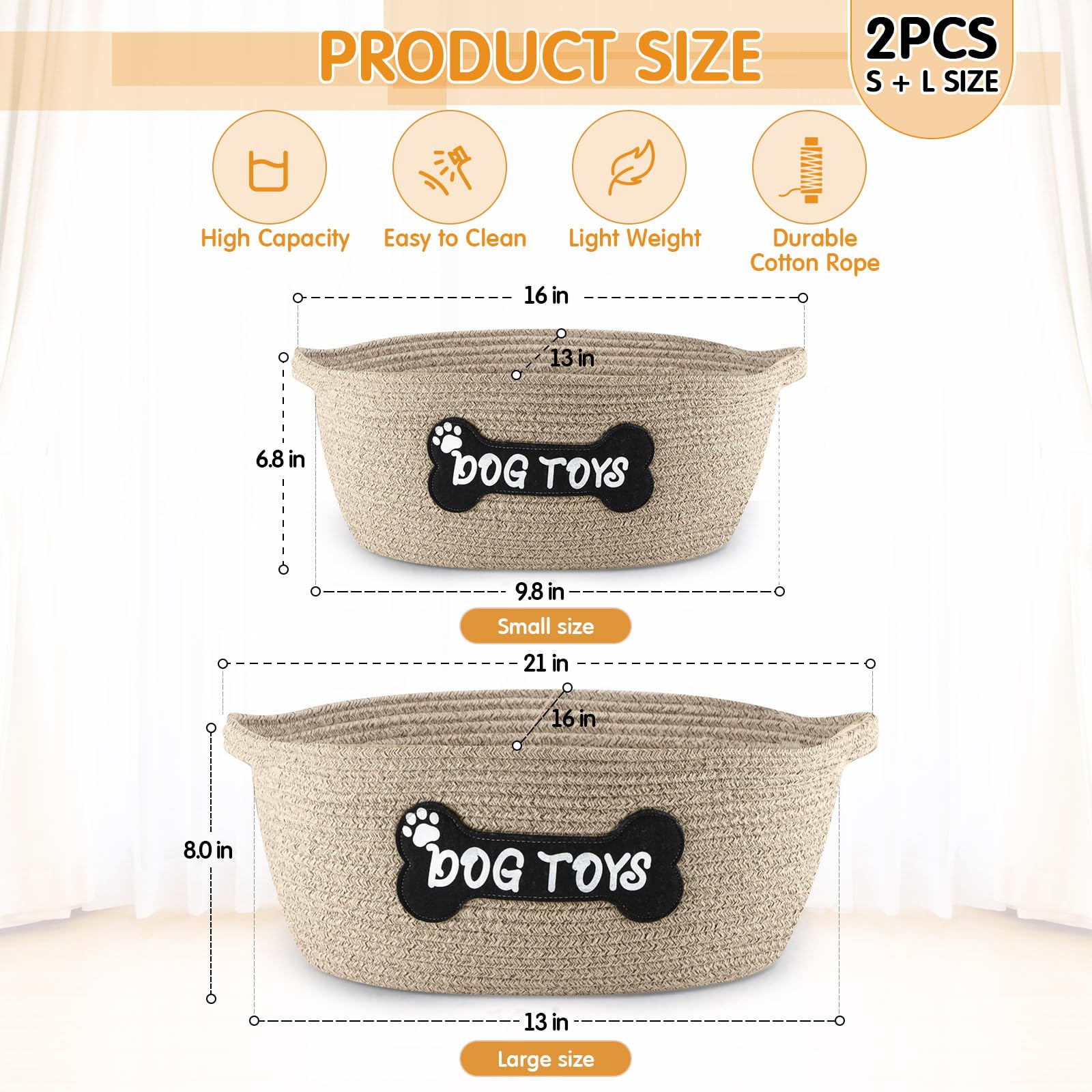 Teenyyou 2 Pcs Toy Basket Handwoven Cotton Rope Pet Toys Storage Cute Patch Design Chew Proof Toy Clothing Holder Organizer Box